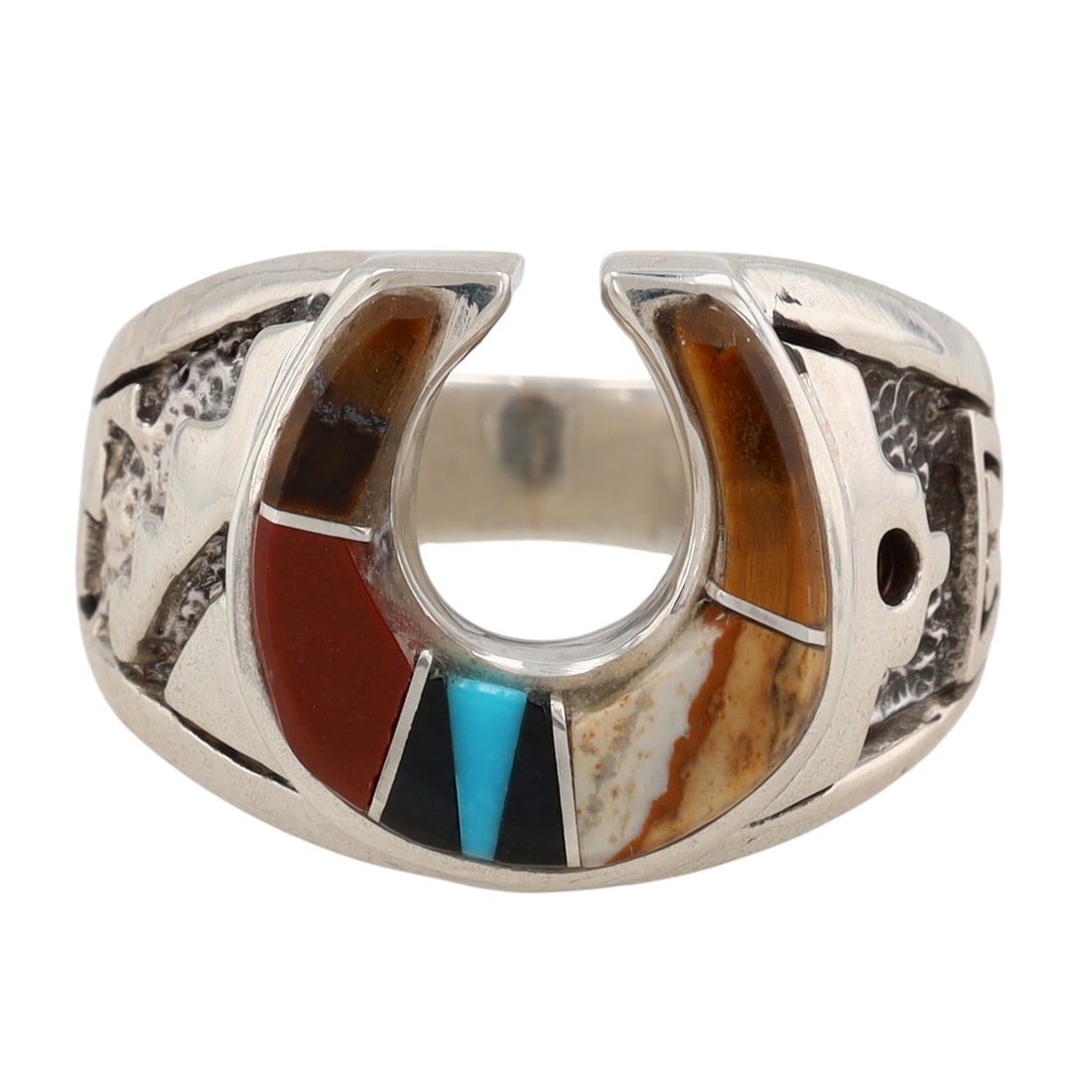 Calvin Begay Navajo Sterling Multi-Stone Naja Inlay Ring Sz 11.75: Calvin Begay Navajo Sterling Multi-Stone Naja Inlay Ring Sz 11.75, 17g-Tigers Eye, Coral, Picture Jasper, Jet, Turquoise