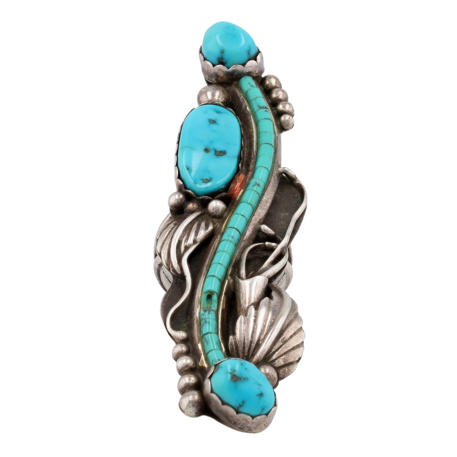 Larry Watchman Navajo Sterling Turquoise Vine Ring Sz 6: Larry Watchman Navajo Sterling Turquoise Vine Ring Sz 6, 18.5g As Is-Inlay stone damage, shown in photos