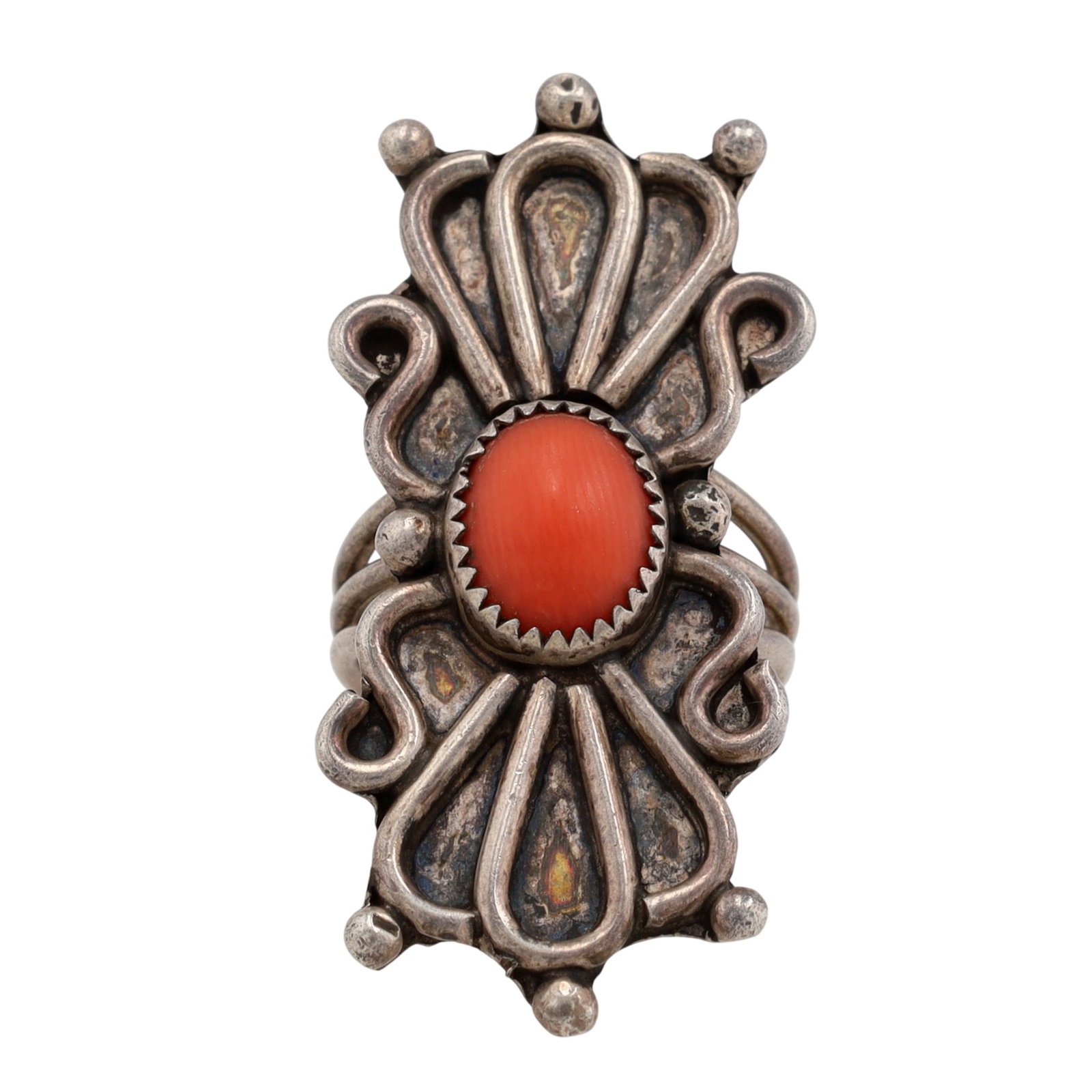 Vintage Navajo Sterling Coral Ring Sz 5.25: Vintage Navajo Sterling Coral Ring Sz 5.25, 8g