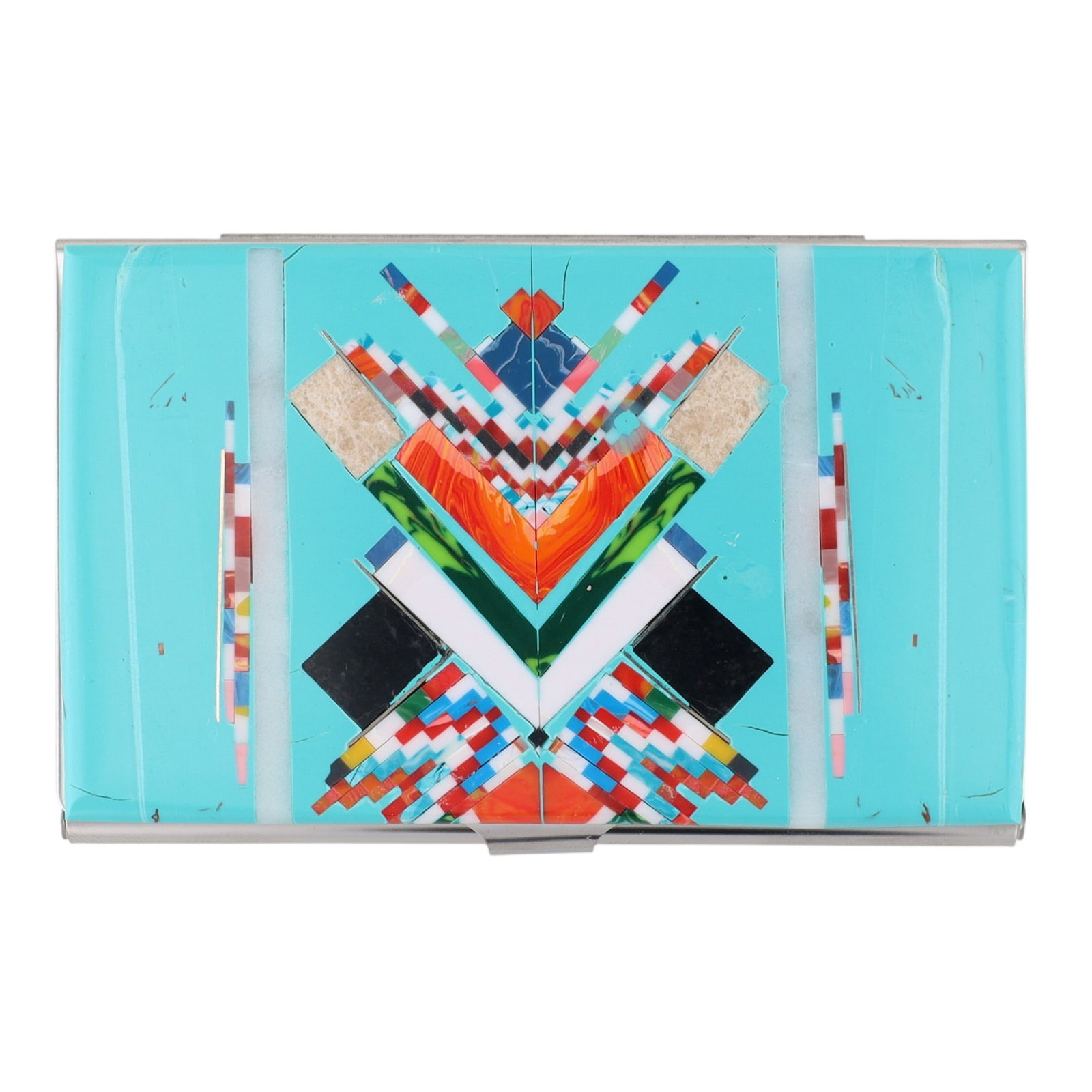 Southwestern Multi-Stone Inlay Card Holder: Southwestern Multi-Stone Inlay Card Holder 79g-Turquoise, Various Agates