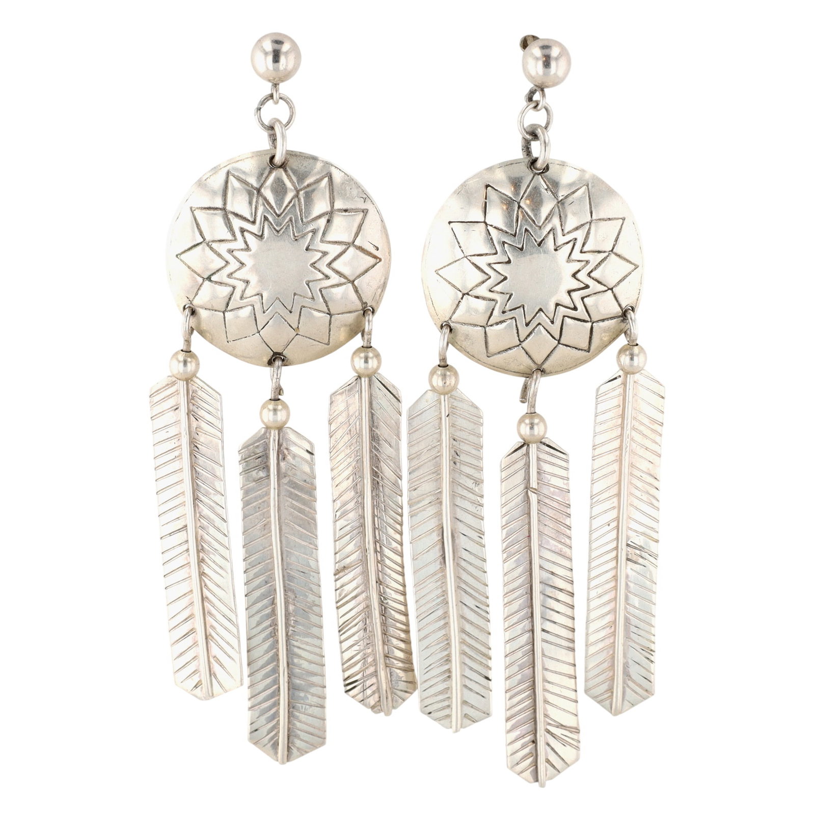 Signed Vintage Navajo Sterling Concho Feather Dangle Earrings (1 of 5)