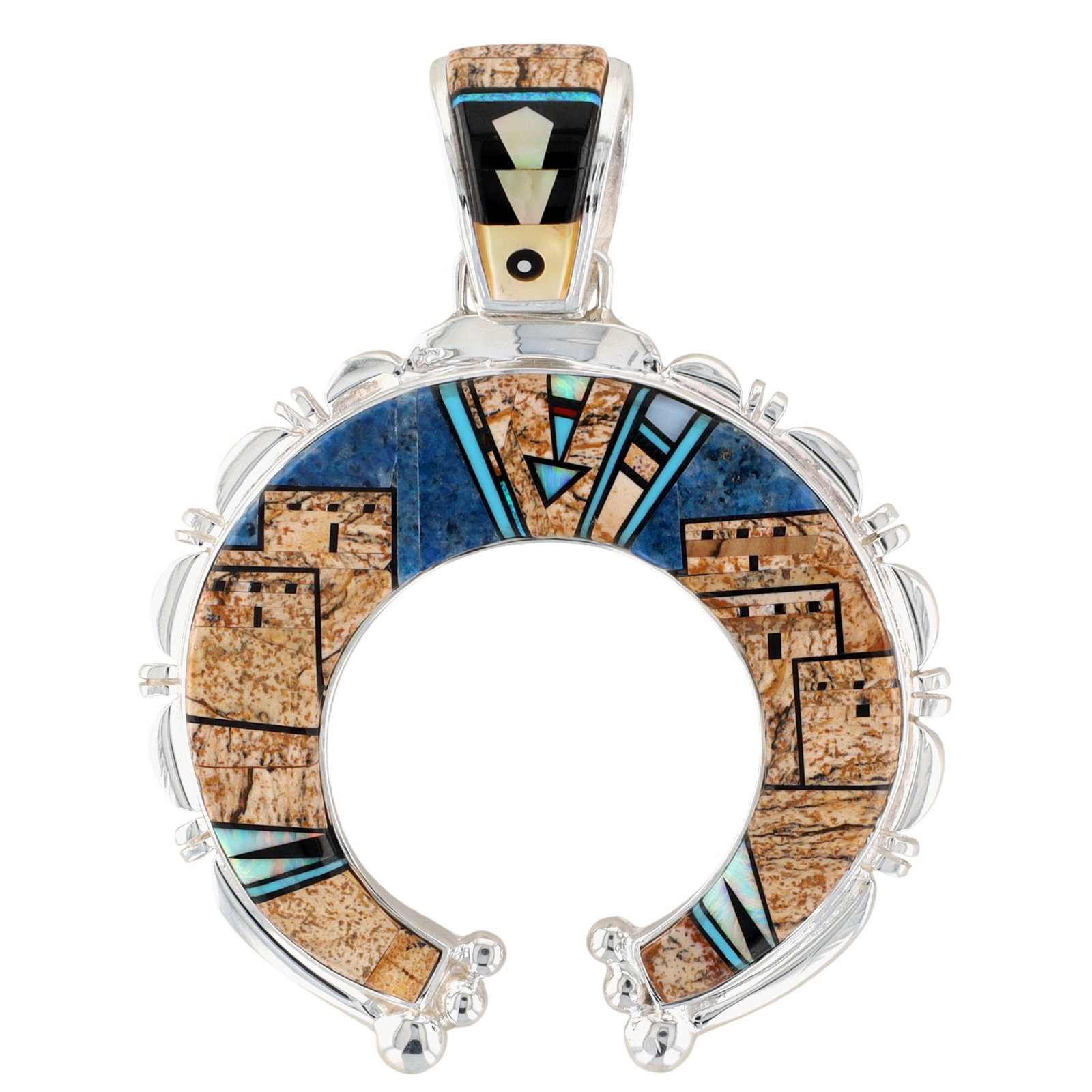 Calvin Begay Navajo Sterling Multi-Stone Pueblo Inlay Naja Pendant: Calvin Begay Navajo Sterling Multi-Stone Pueblo Inlay Naja Pendant 54.5g-Denim Lapis, Onyx, Opal, Turquoise, Coral, Picture Jasper, Mother-of-Pearl