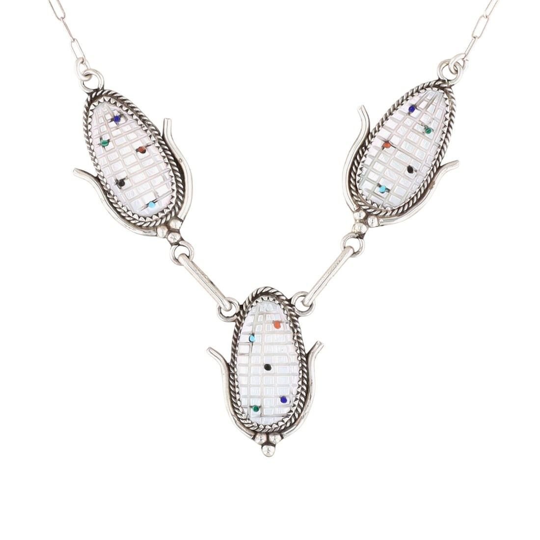 Tracy Bowekaty Zuni Sterling Multi-Stone Corn Necklace: Tracy Bowekaty Zuni Sterling Multi-Stone Corn Necklace 13g-Lapis, Malachite, Coral, Jet, Turquoise, Mother-of-Pearl-Signed 'TE Bowekaty Zuni'-Set with Lot 378