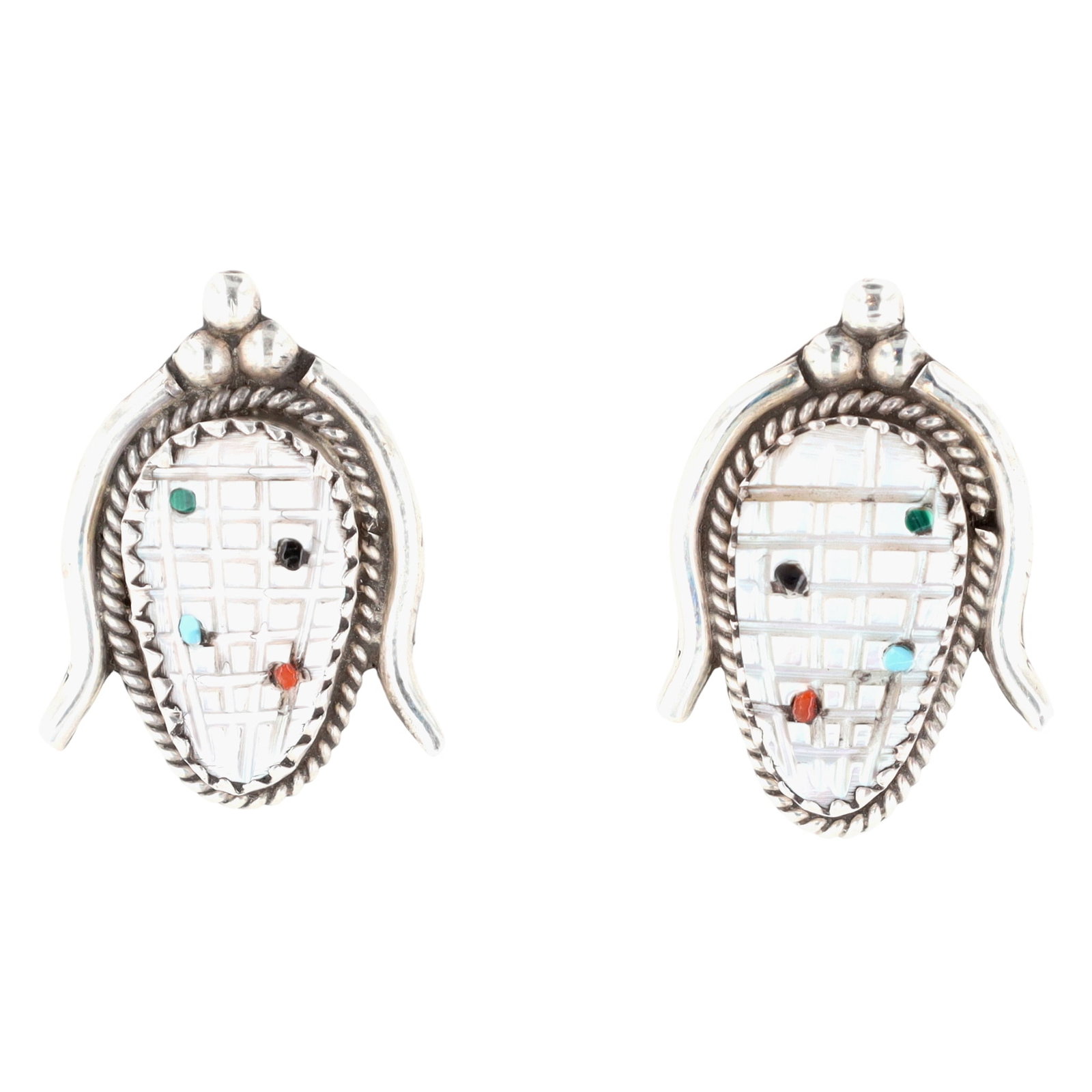 Tracy Bowekaty Zuni Sterling Multi-Stone Corn Stud Earrings: Tracy Bowekaty Zuni Sterling Multi-Stone Corn Stud Earrings 4.5g-Malachite, Coral, Jet, Turquoise, Mother-of-Pearl-Signed 'TEB Z'-Set with Lot 377