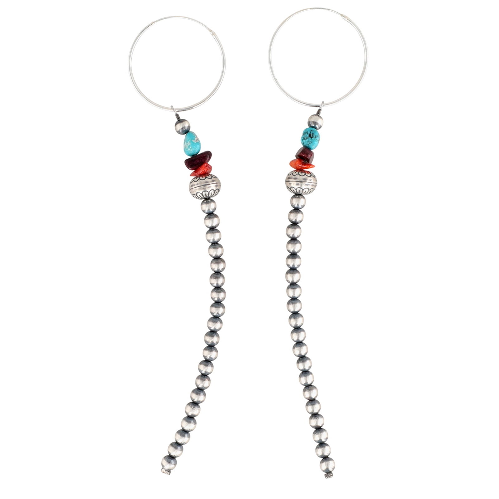 Theresa Skeets Navajo Sterling Multi-Stone Hoop Earrings: Theresa Skeets Navajo Sterling Multi-Stone Hoop Dangle Earrings 9g-Turquoise, Spiny Oyster, Coral
