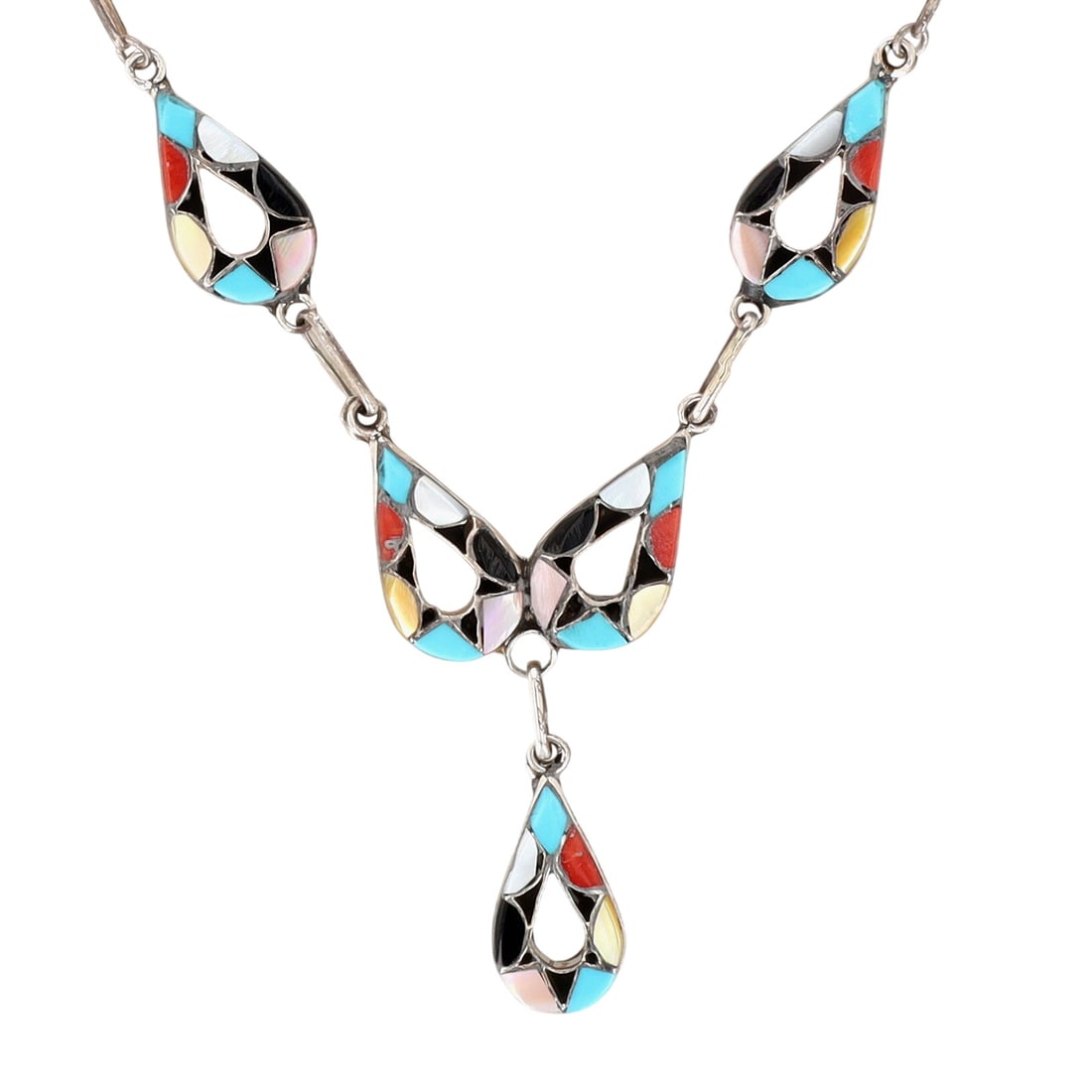 Emma Bowakaty Zuni Sterling Multi-Stone Necklace: Emma Bowakaty Zuni Sterling Multi-Stone Necklace 13g-Coral, Turquoise, Onyx, Mother-of-Pearl-Signed 'EB Zuni'-Set with Lot 388