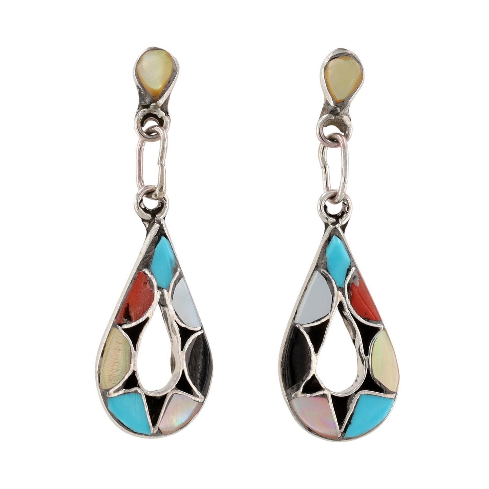 Emma Bowakaty Zuni Sterling Multi-Stone Stud Earrings: Emma Bowakaty Zuni Sterling Multi-Stone Stud Earrings 4g-Coral, Turquoise, Onyx, Mother-of-Pearl-Set with Lot 387