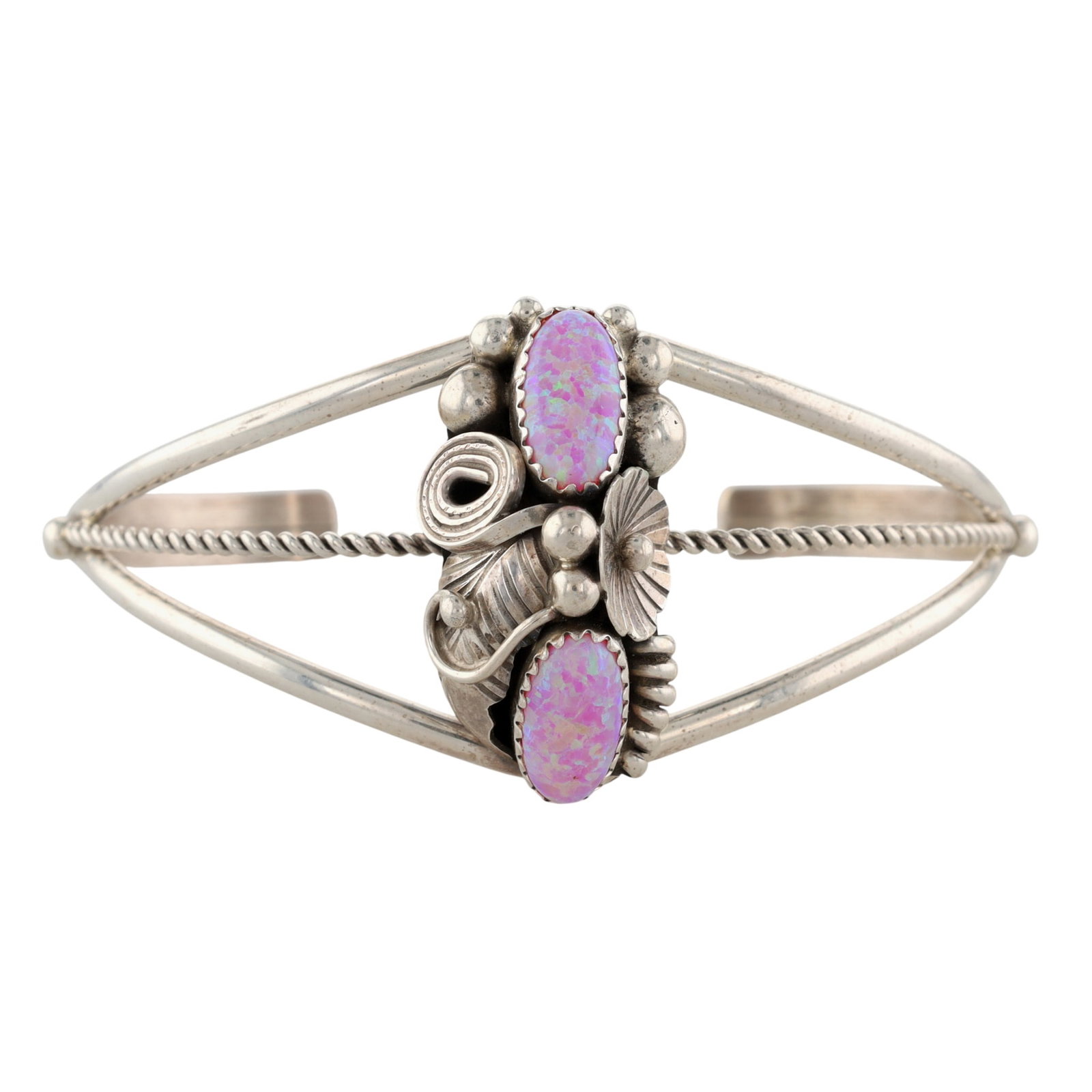 Signed Navajo Sterling Opal Blossom Cuff Bracelet (1 of 6)