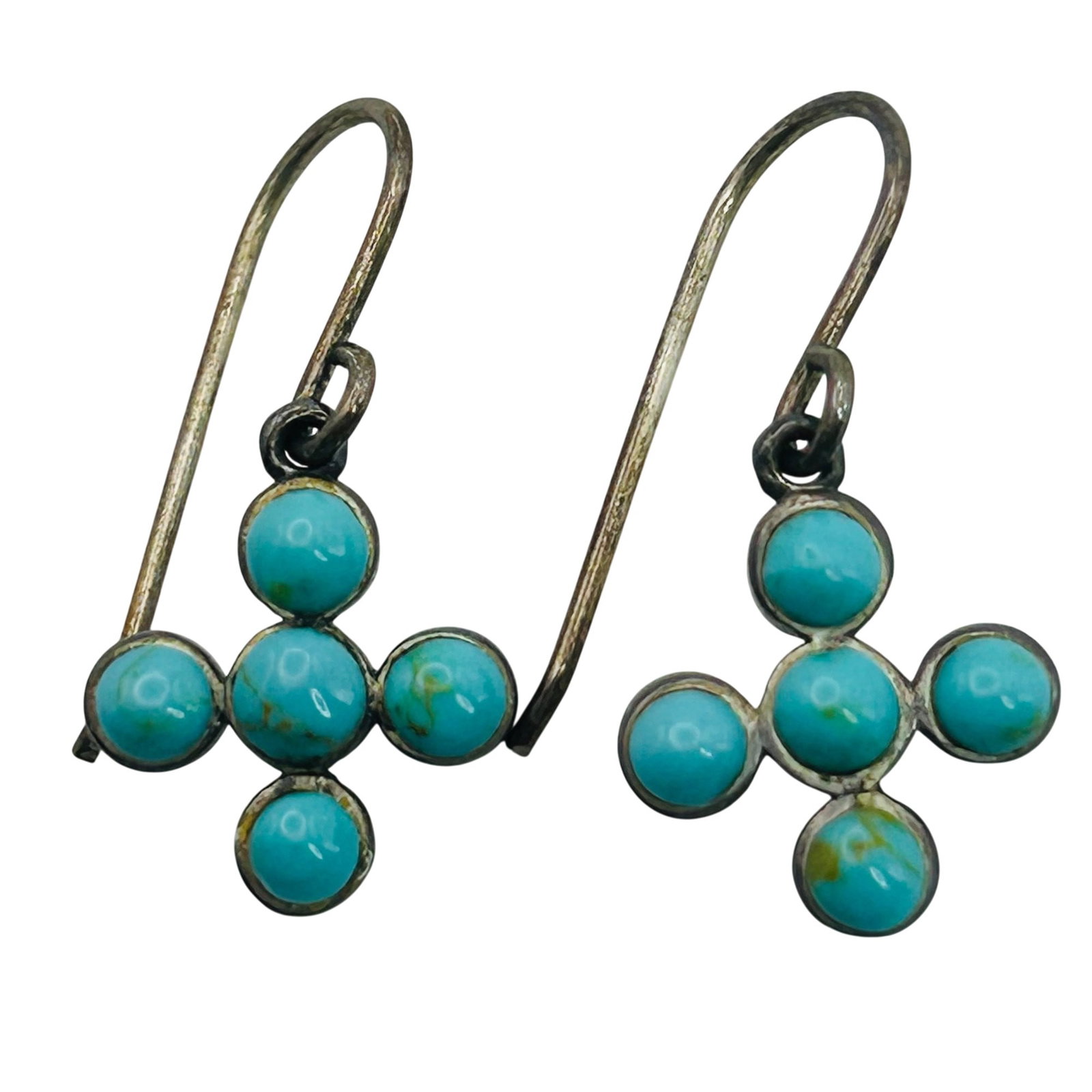 Sterling Turquoise Cross Hook Back Earrings: Sterling turquoise cross hook back earrings. 2.8g
