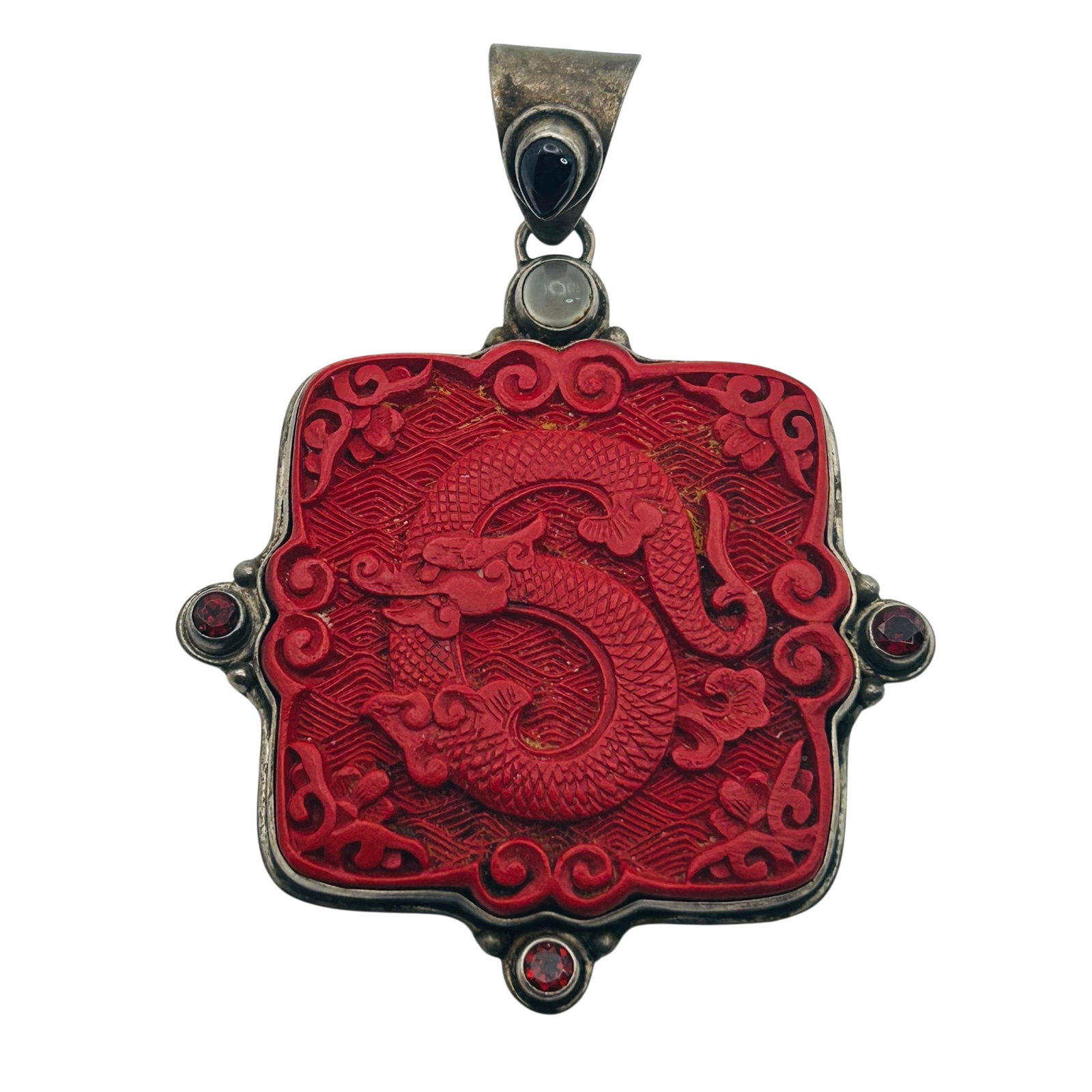 Sajen Sterling Garnet Carved Cinnabar Pendant: Sajen Sterling garnet carved cinnabar pendant. 32.6g