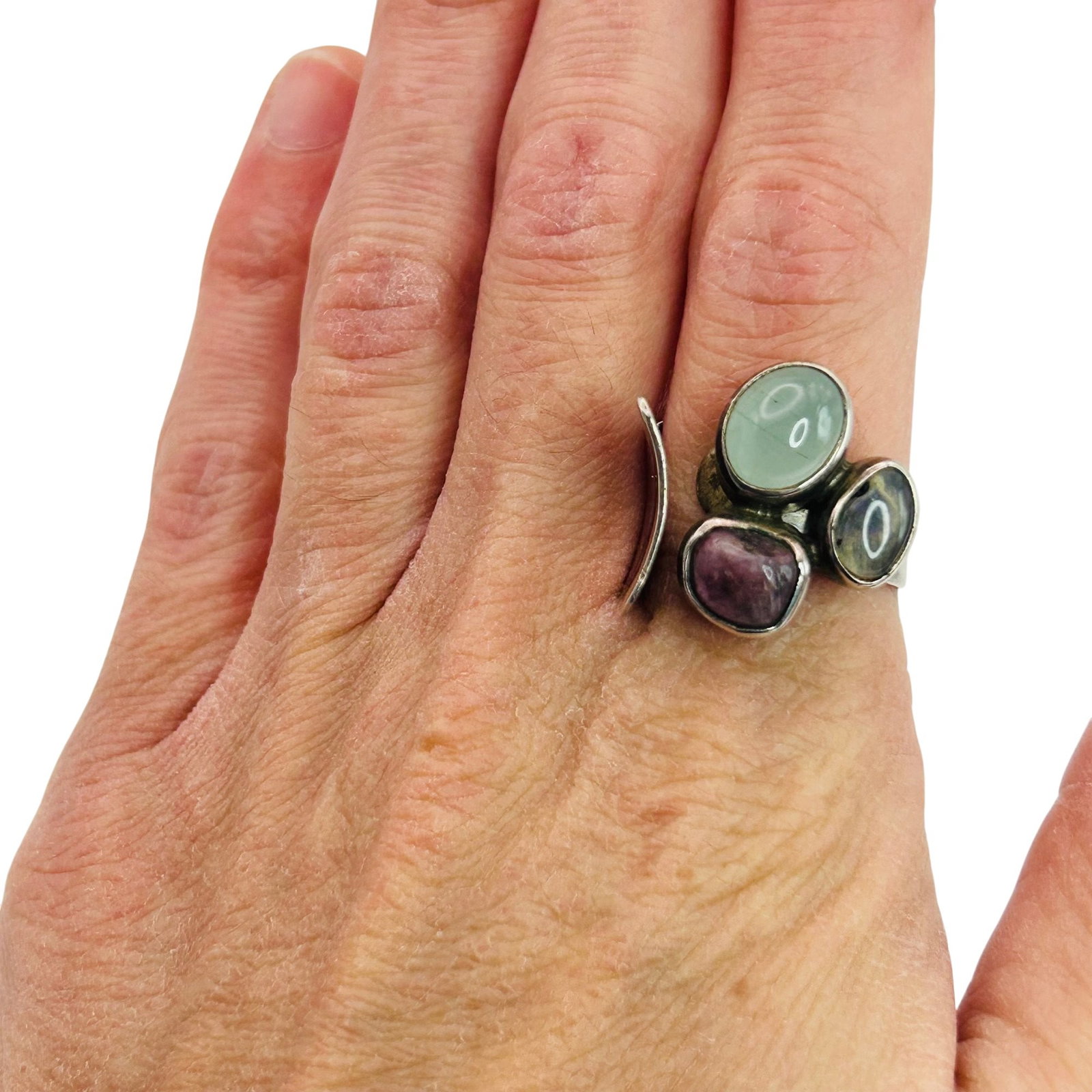 Signed Pena 950 Silver Multi Gem Adjustable Ring - 2
