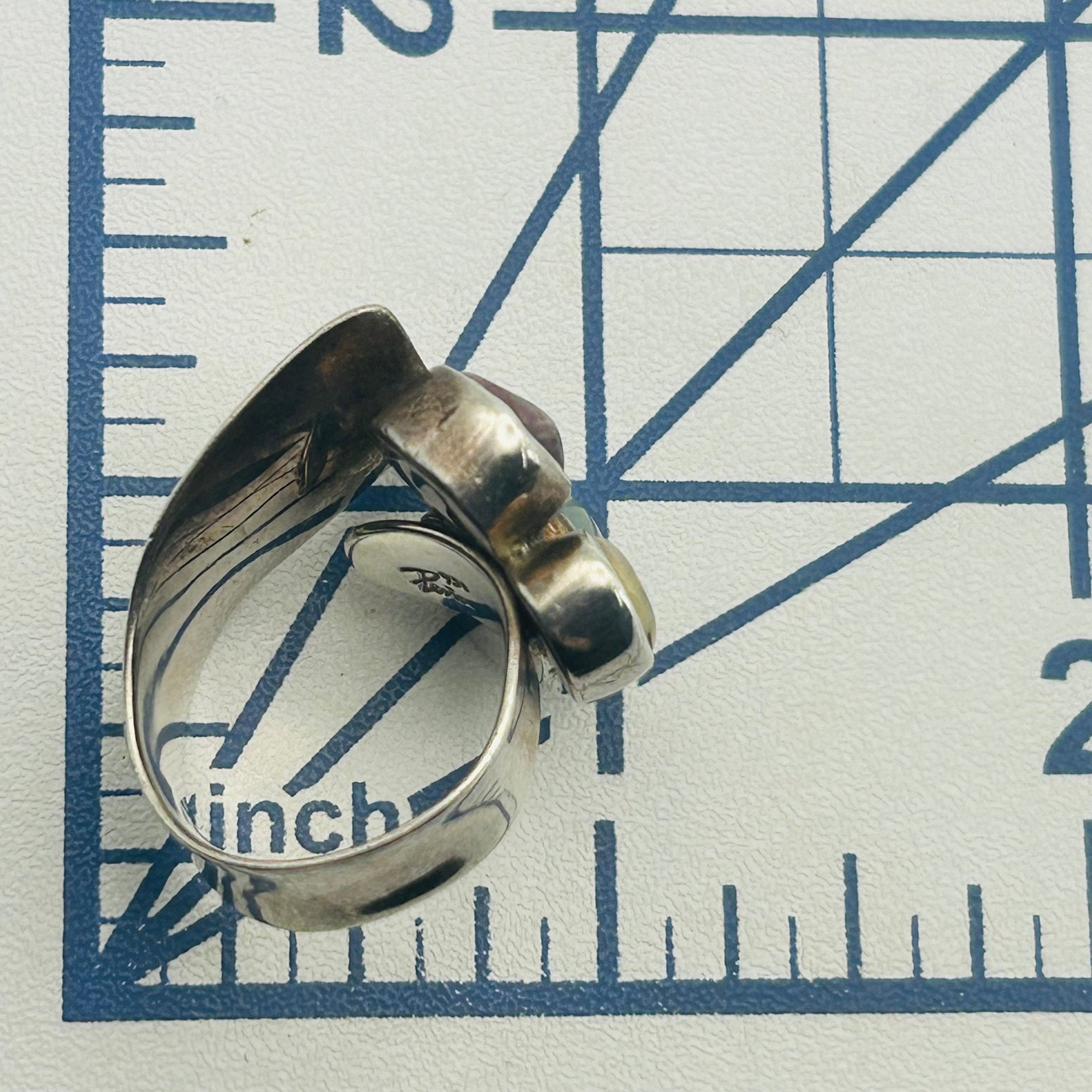 Signed Pena 950 Silver Multi Gem Adjustable Ring - 7