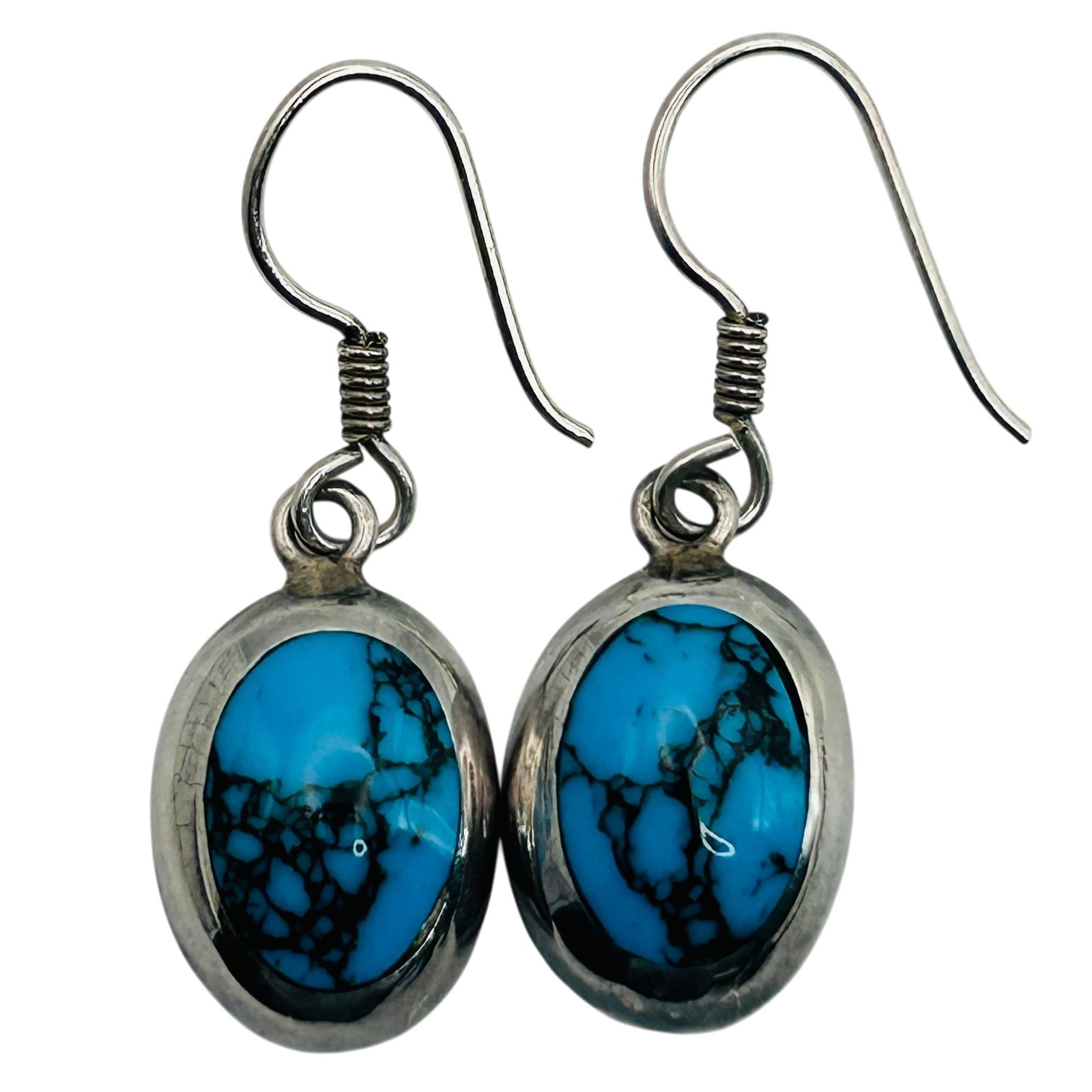 Taxco MD-129 Mexico Sterling Turquoise Hook Back Earrings: Taxco MD-129 Mexico Sterling turquoise hook back earrings. 8.7g