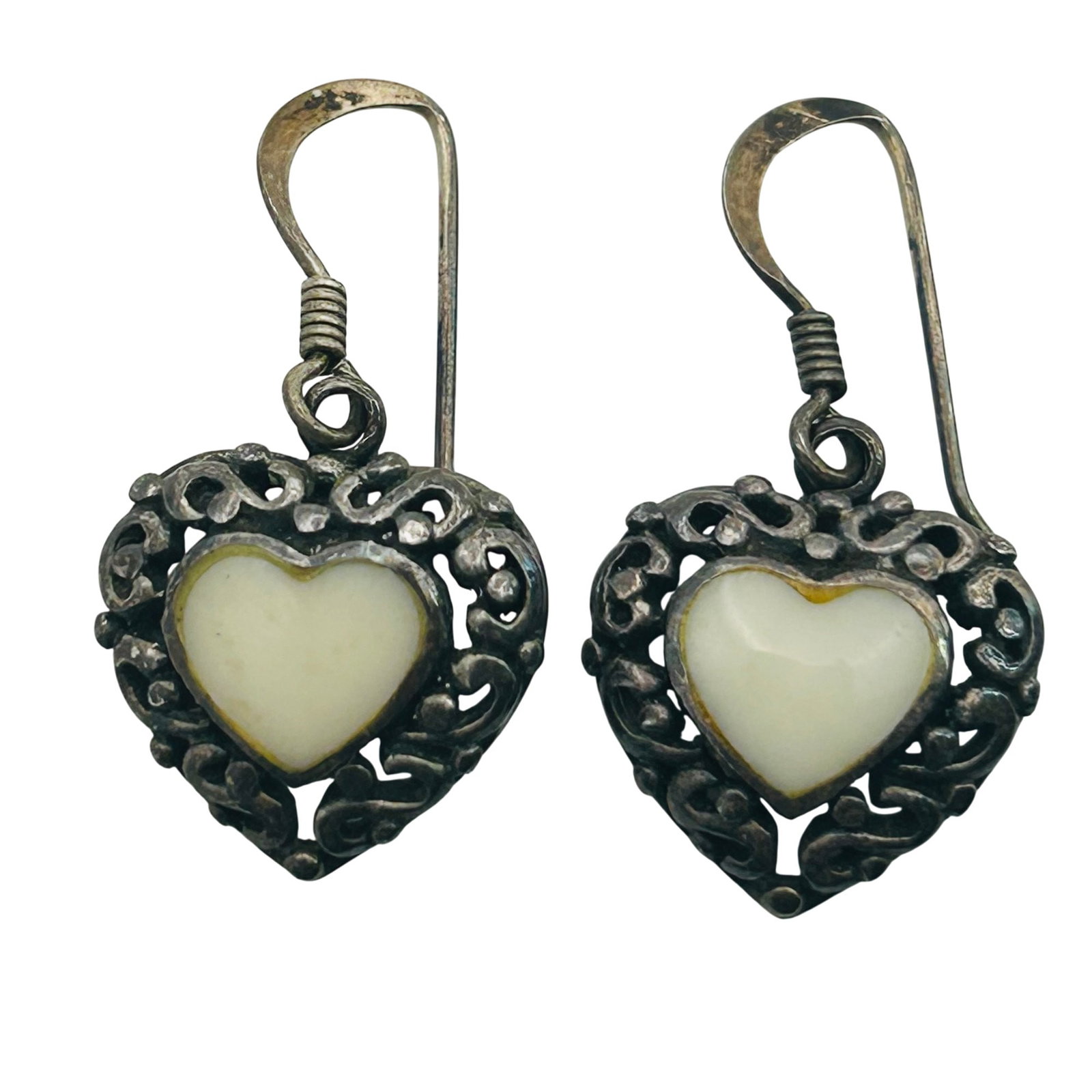 Sterling Mother Of Pearl Heart Hook Back Earrings: Sterling mother of pearl heart hook back earrings. 4.2g