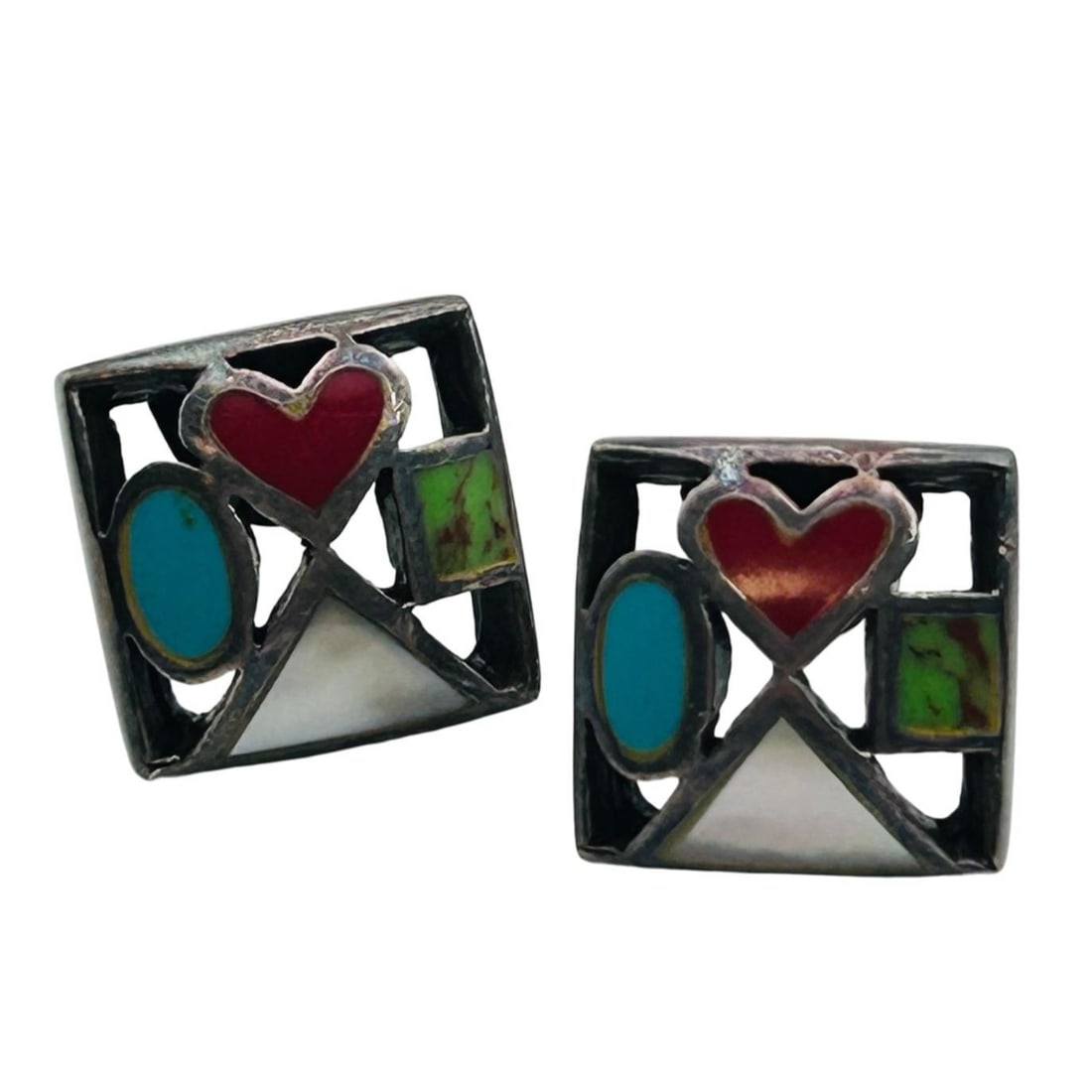 Sterling Southwest Multigem Stud Earrings: Sterling southwest turquoise Mother of pearl and coral stud earrings. 5.7g