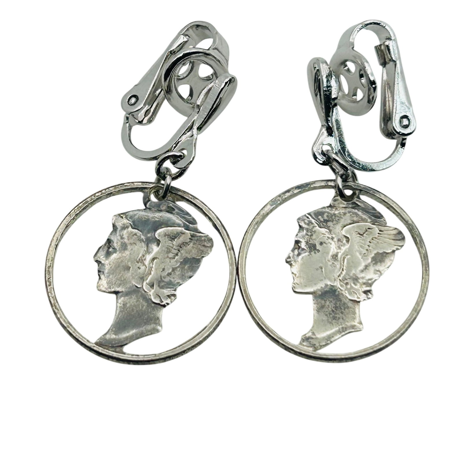 Trifari silver tone clip on mercury dime earrings (1 of 4)