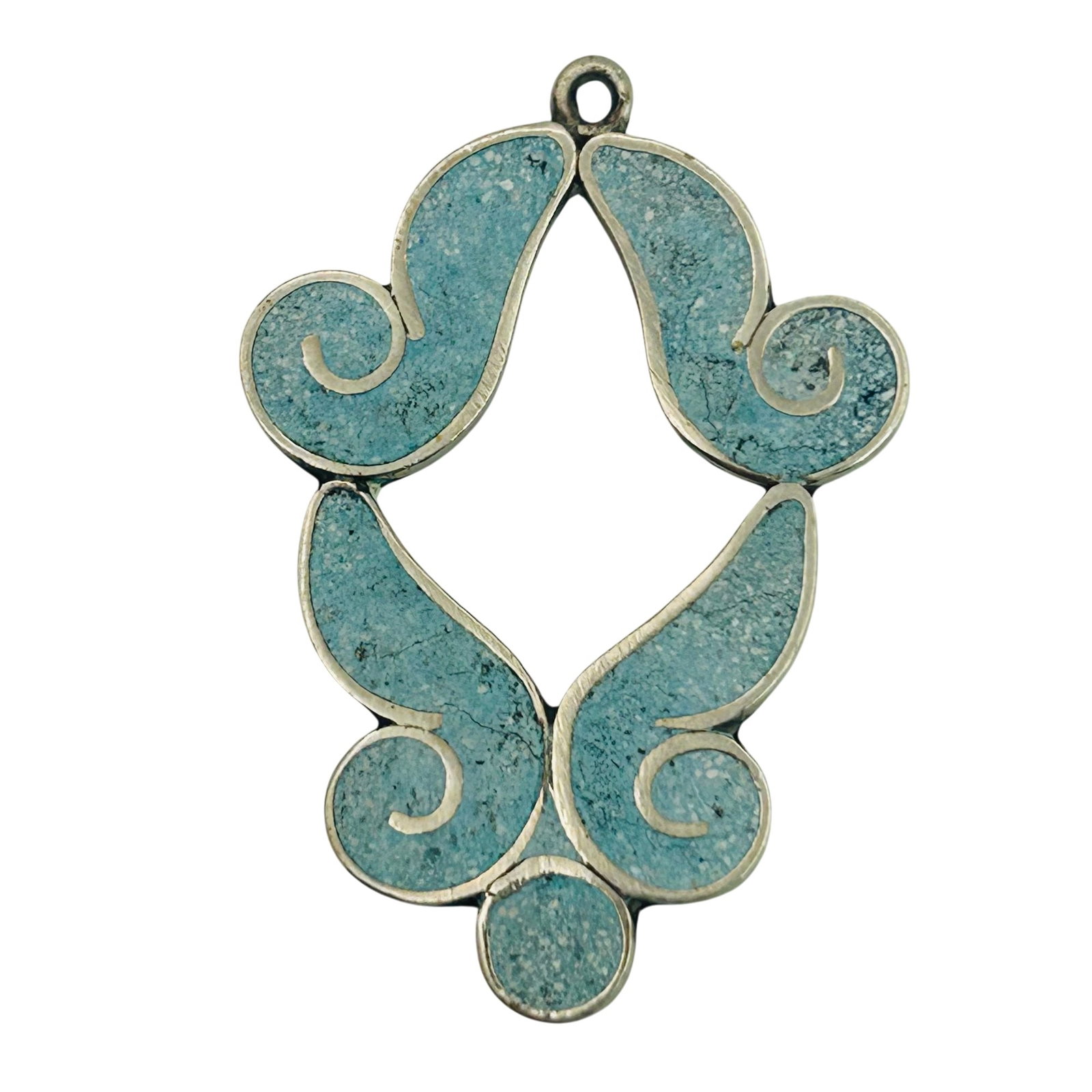 Mexico Sterling Inlaid Crushed Turquoise Pendant: Mexico Sterling inlaid crushed turquoise pendant. 3.9g