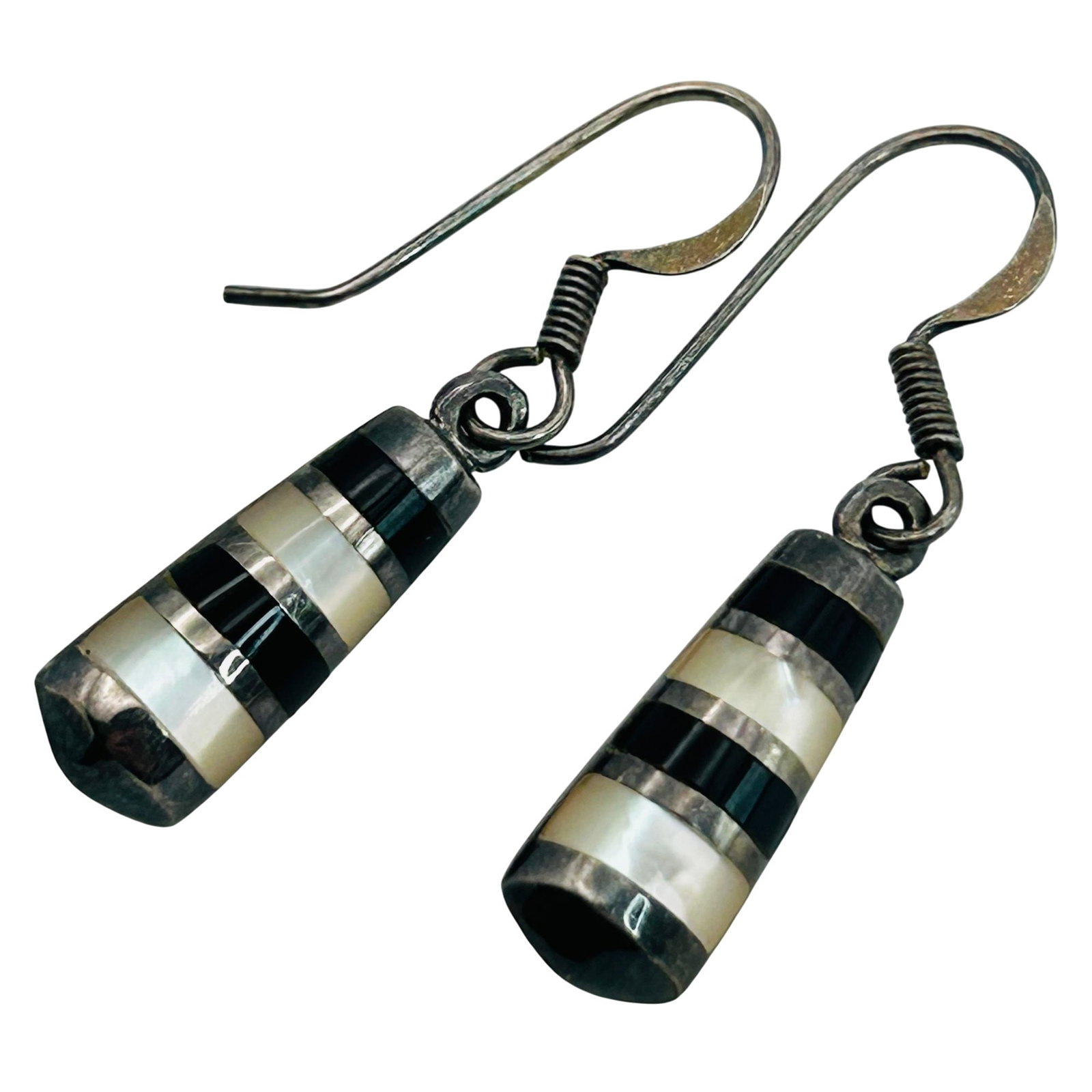PD Sterling Mother Of Pearl Onyx Hook Back Earrings (1 of 4)