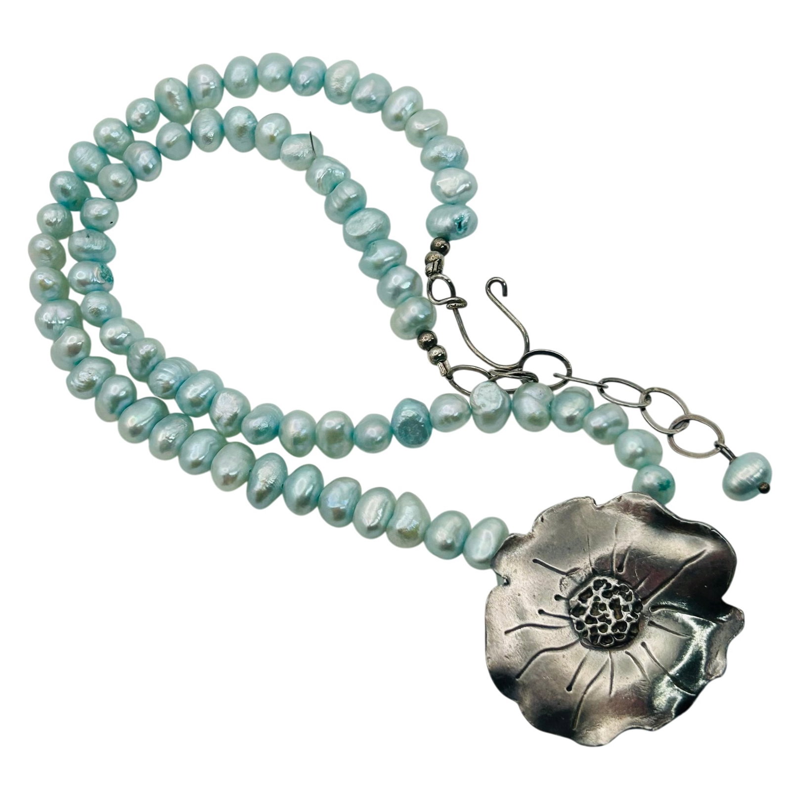 .999 Silver Blue Pearl Signed Pendant Necklace (1 of 6)
