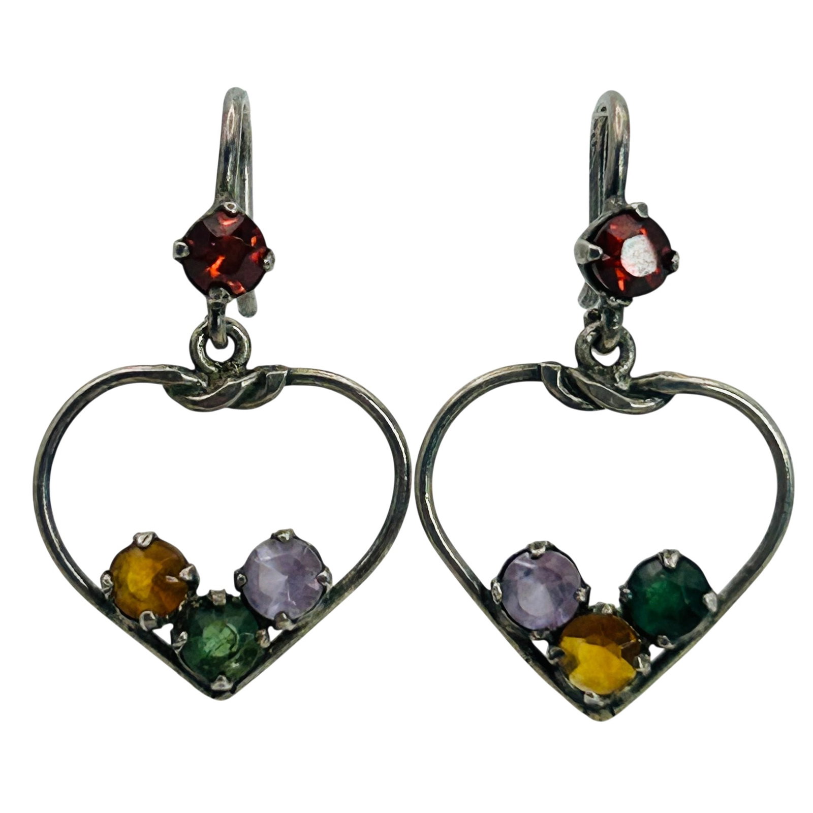 Sterling Multi Gem Heart Earrings: Sterling garnet emerald amethyst peridot heart earrings. 2.8g