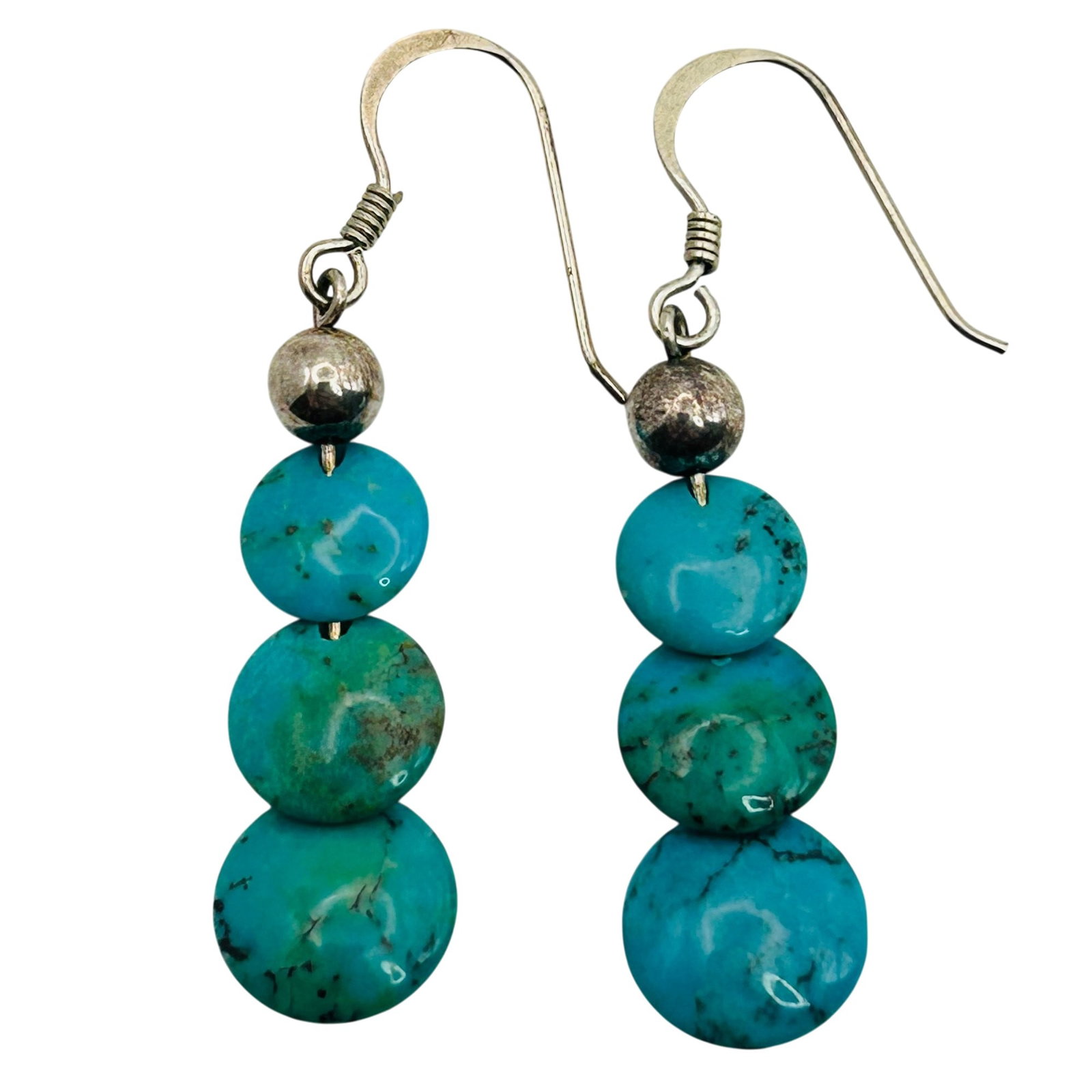 Sterling Southwest Turquoise Dangle Hook Back Earrings: Sterling southwest turquoise dangle hook back earrings. 2.8g