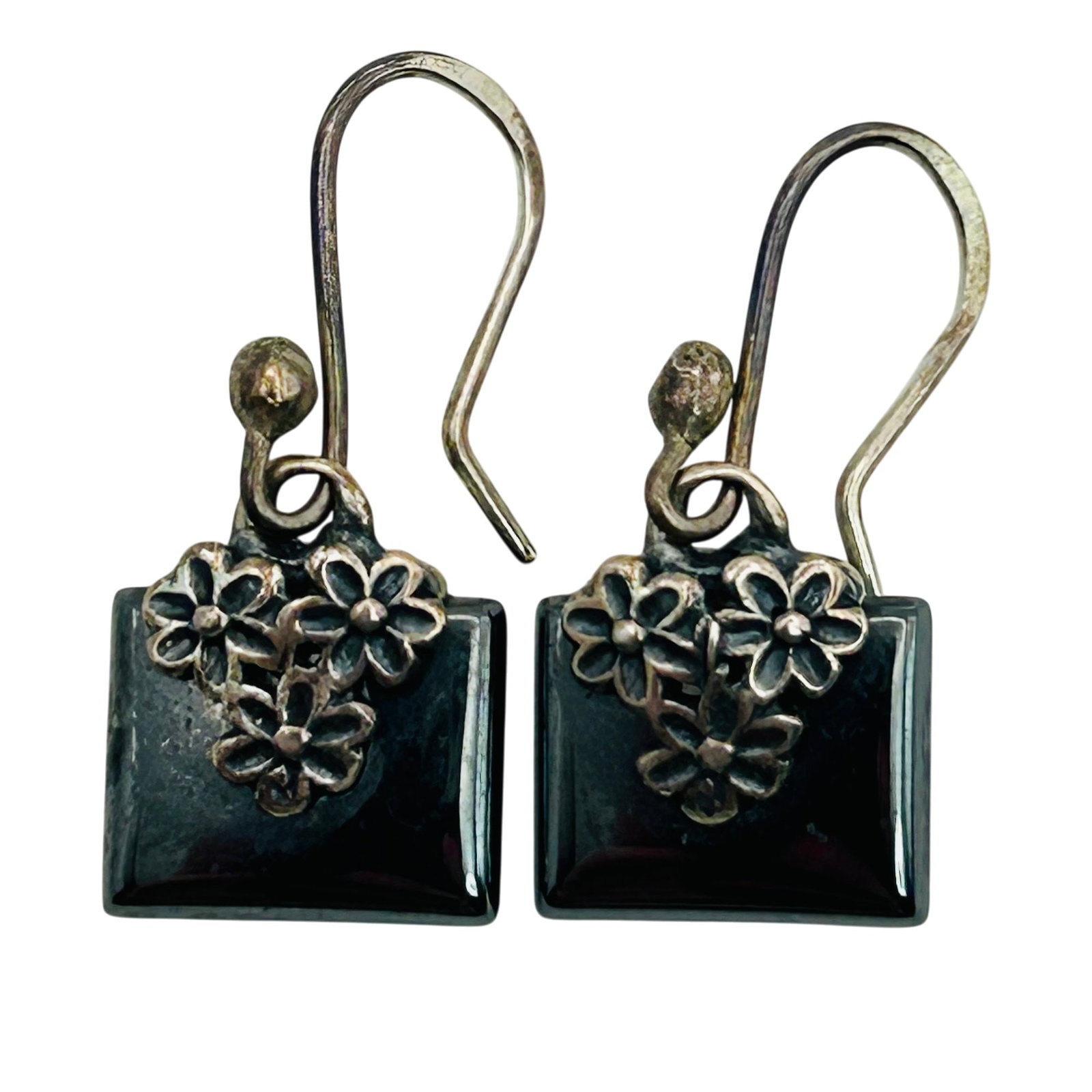 Hematite Sterling Flower Hook Back Earrings: Hematite Sterling flower hook back earrings. 4.7g