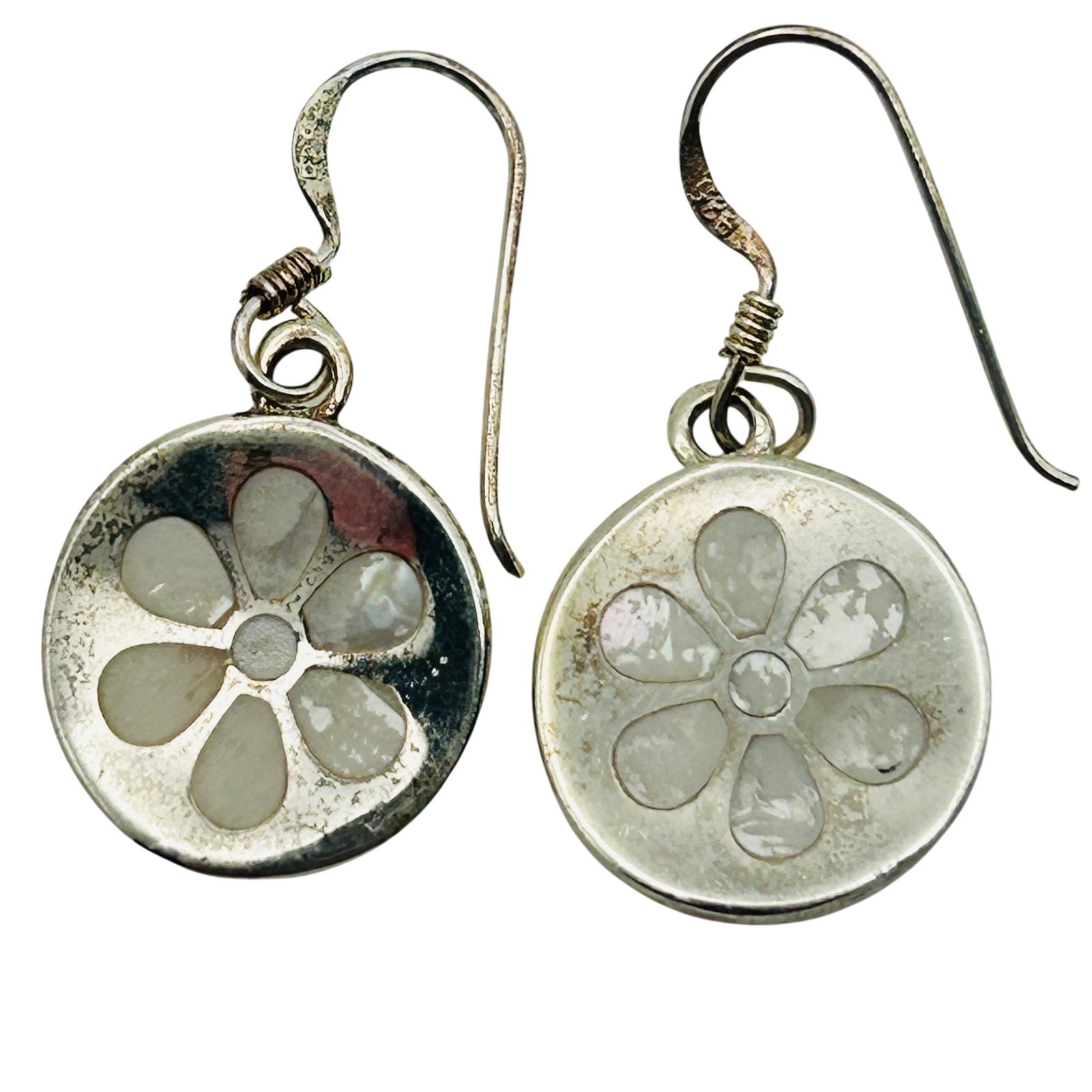 Sterling Mother Of Pearl Flower Hook Back Earrings: Sterling mother of pearl flower hook back earrings. 4.6g