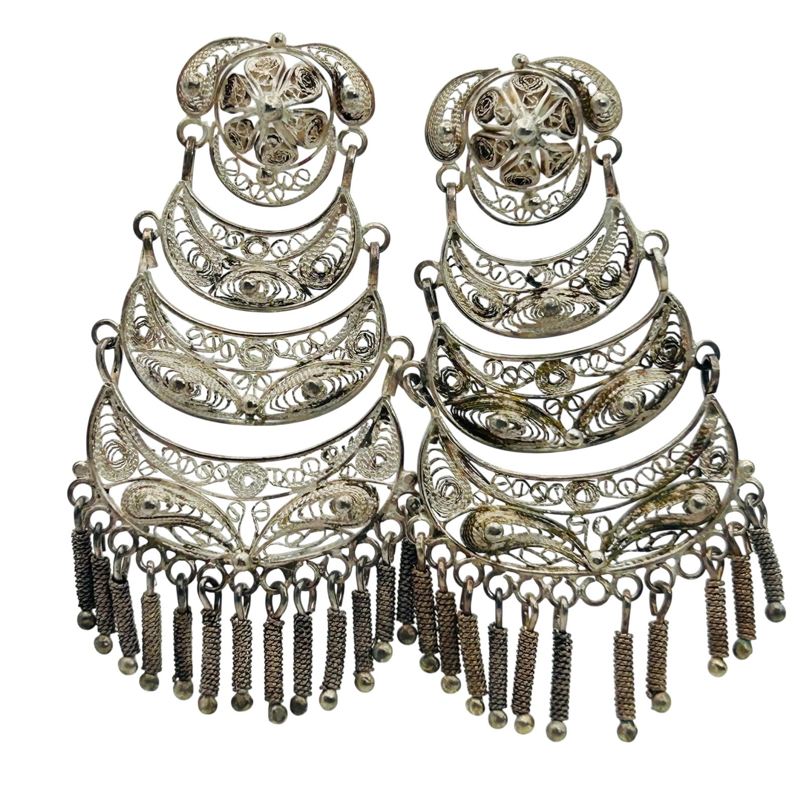 Sterling Filigree Stud Earrings: Sterling filigree stud earrings. 11.5g-- Sold as is missing two dangles