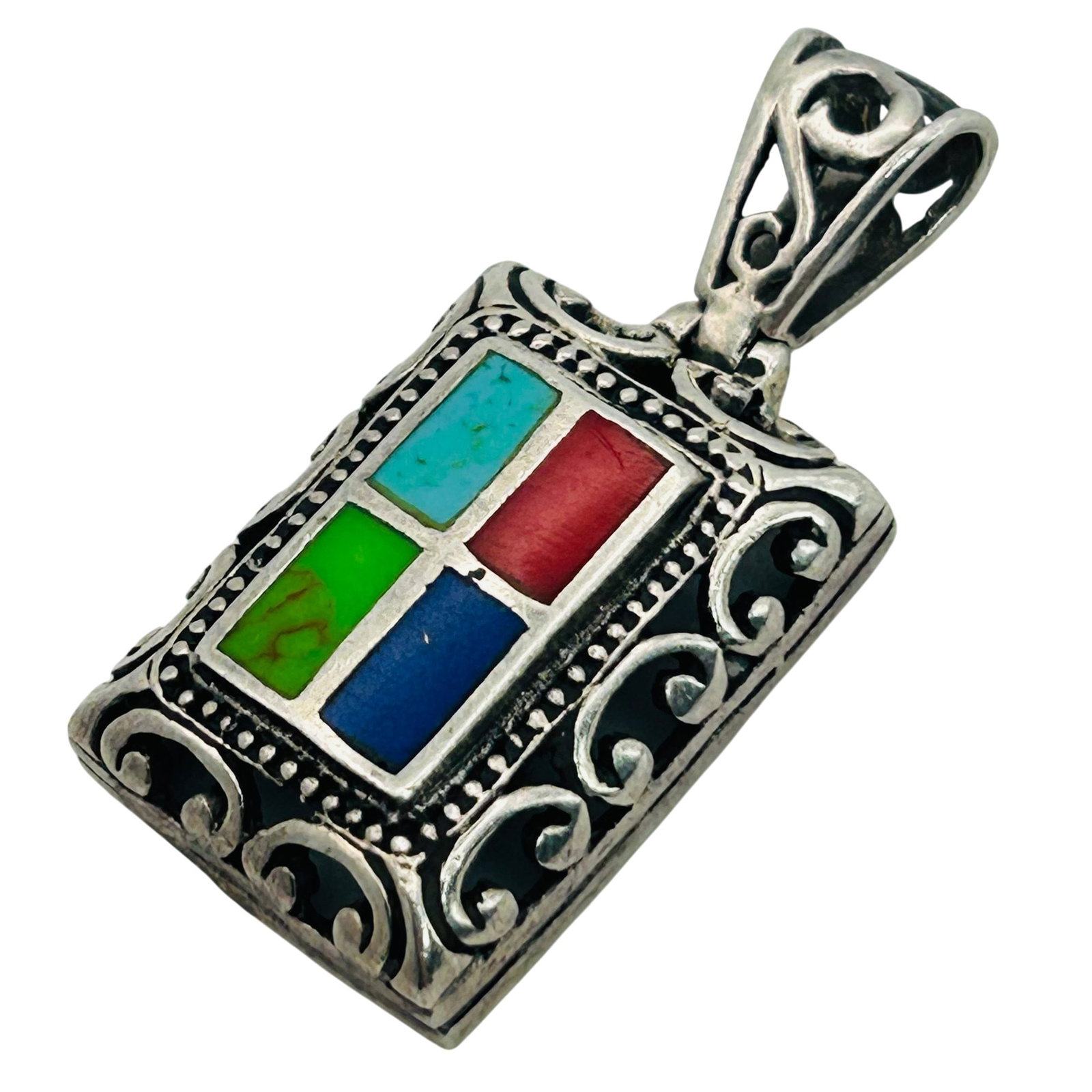Sterling Inlay Multi Gem Pendant: Sterling inlay multi gem pendant. 4.9g