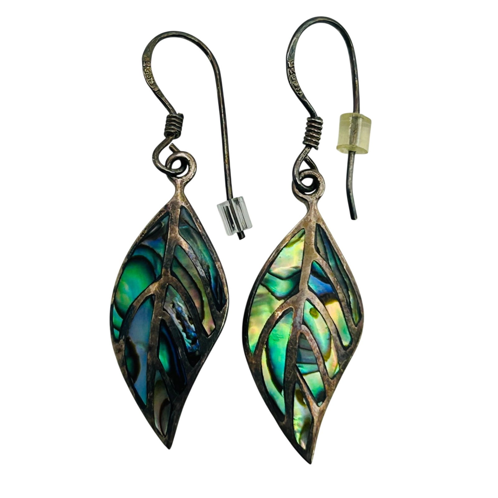 Signed Sterling Abalone Leaf Hook Back Earrings (1 of 5)