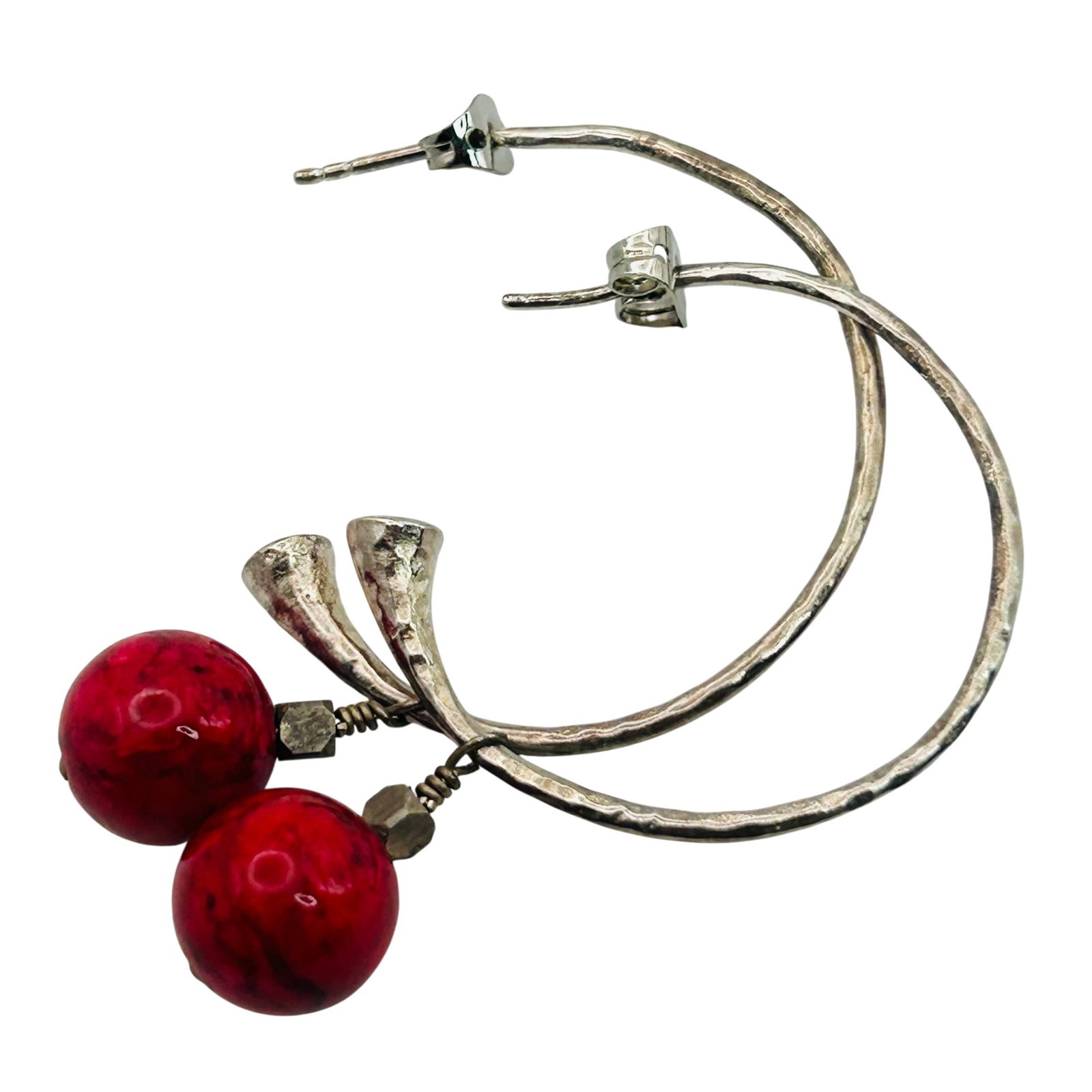 Sterling Half Hoop Red Stone Dangle Earrings: Sterling half hoop red stone dangle earrings. 7.6g