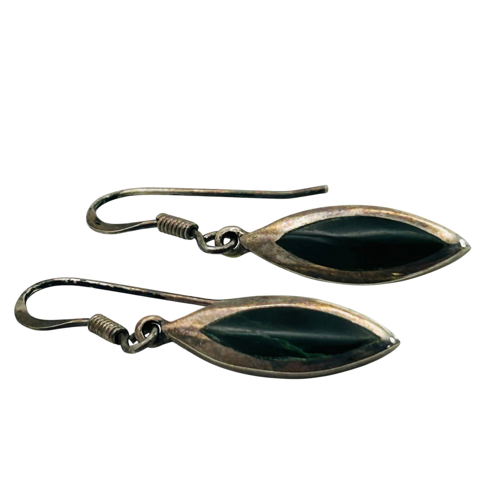 Signed Sterling Jade Inlay Hook Back Earrings (1 of 5)