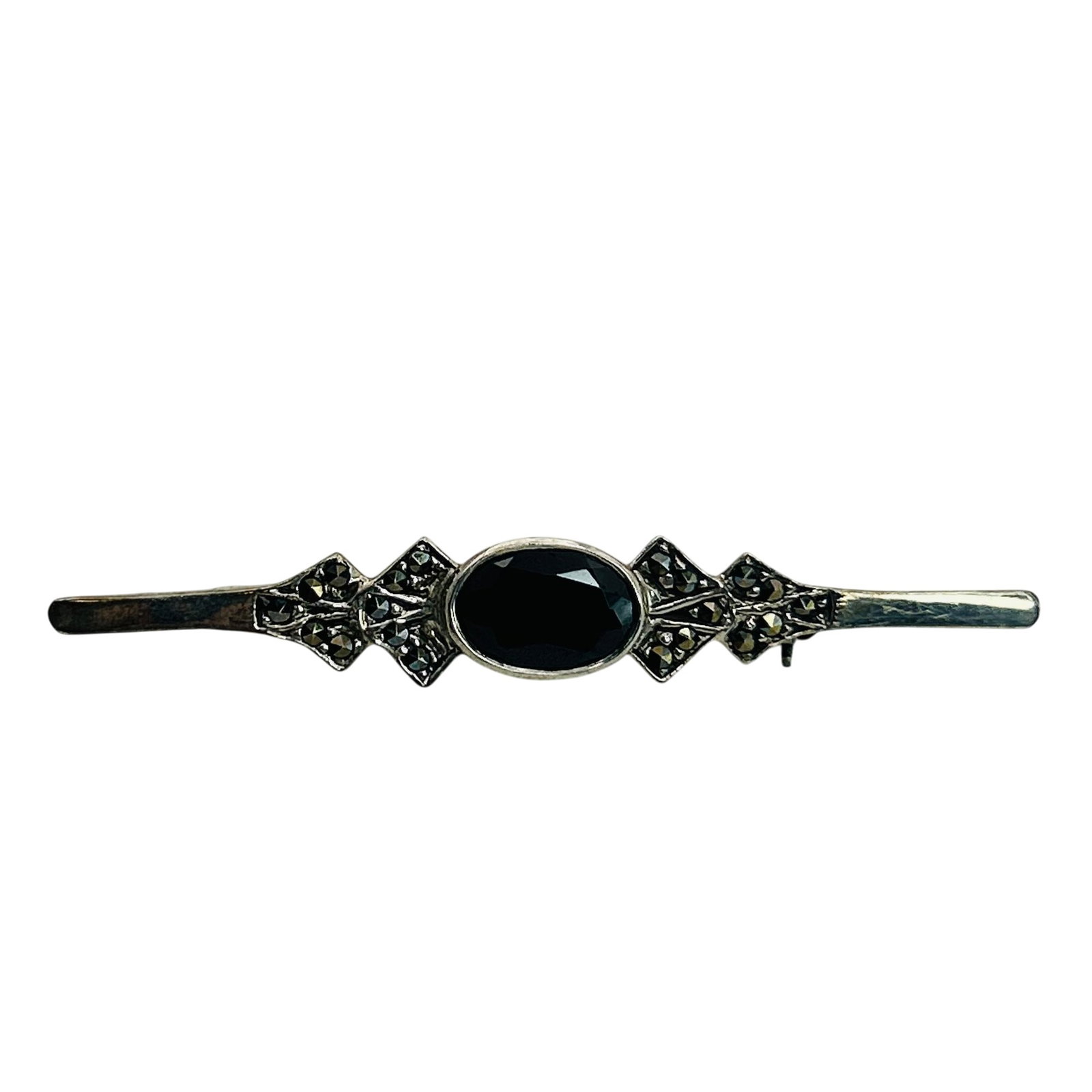 Sterling Multi Gem Brooch: Sterling onyx marcasite brooch. 4.7g