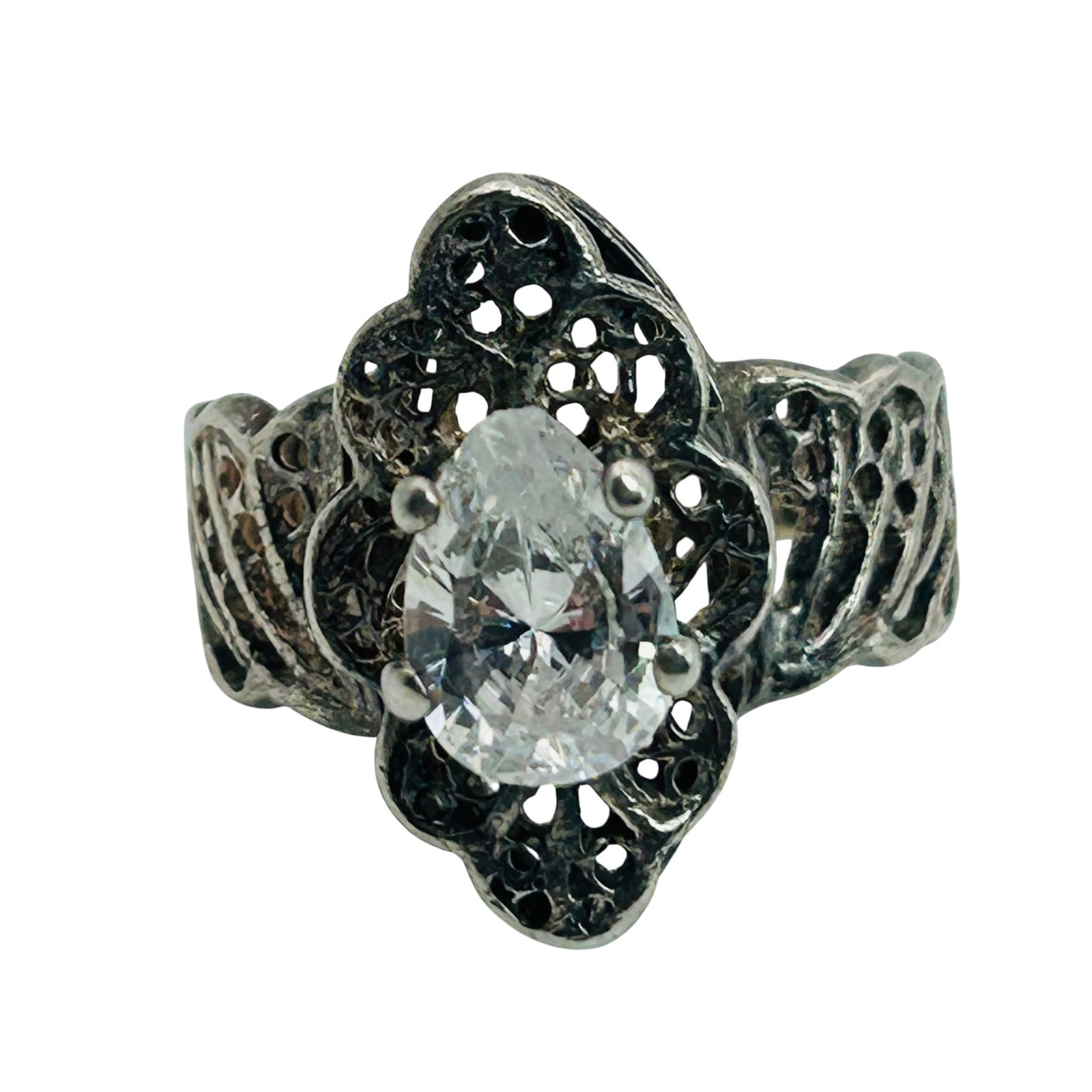 Signed Sterling Clear Stone Filigree Ring Size 6 (1 of 7)