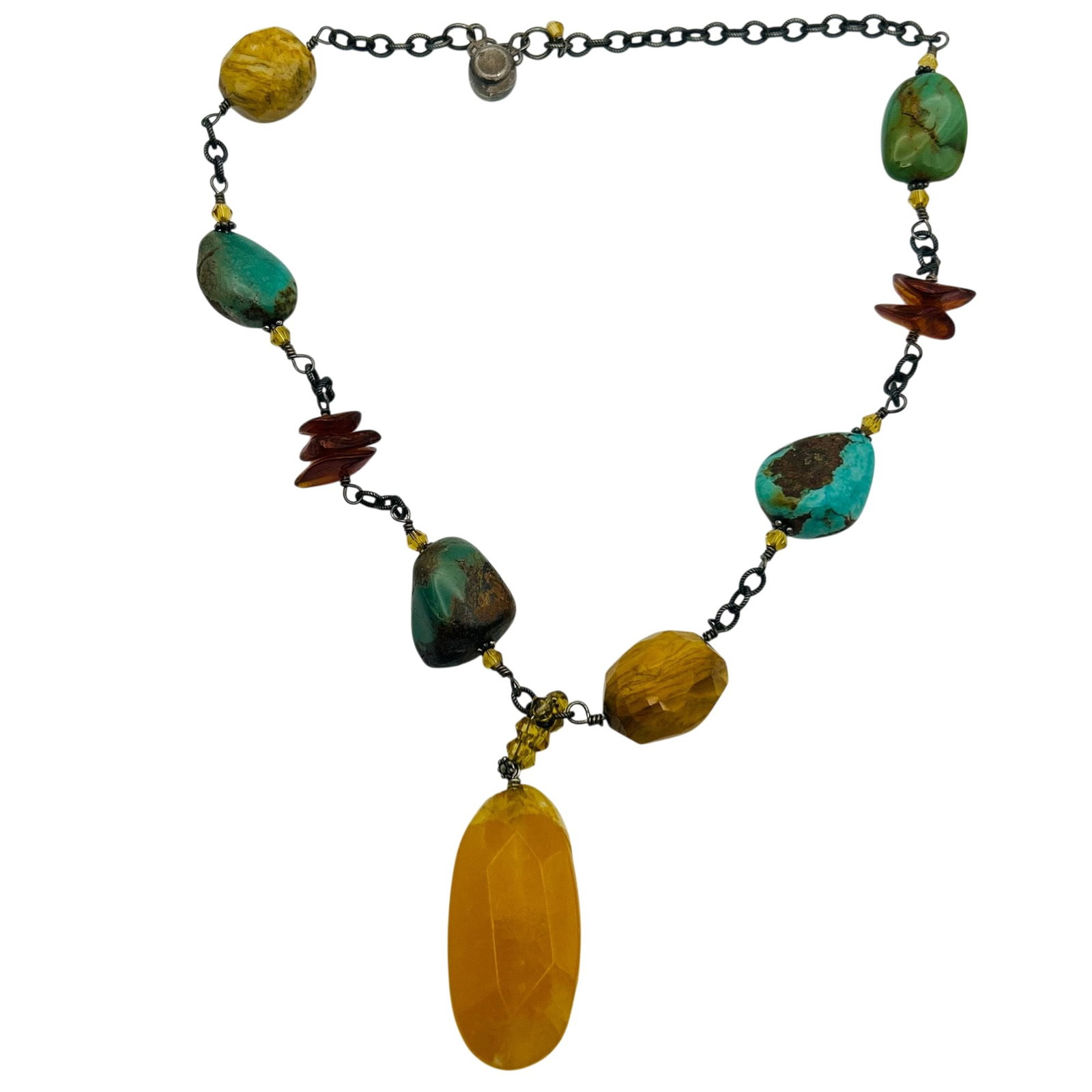 Sterling Multi Gem Magnetic Clasp Necklace: Sterling Amber turquoise yellow jasper Magnetic Clasp Necklace. 70.0g