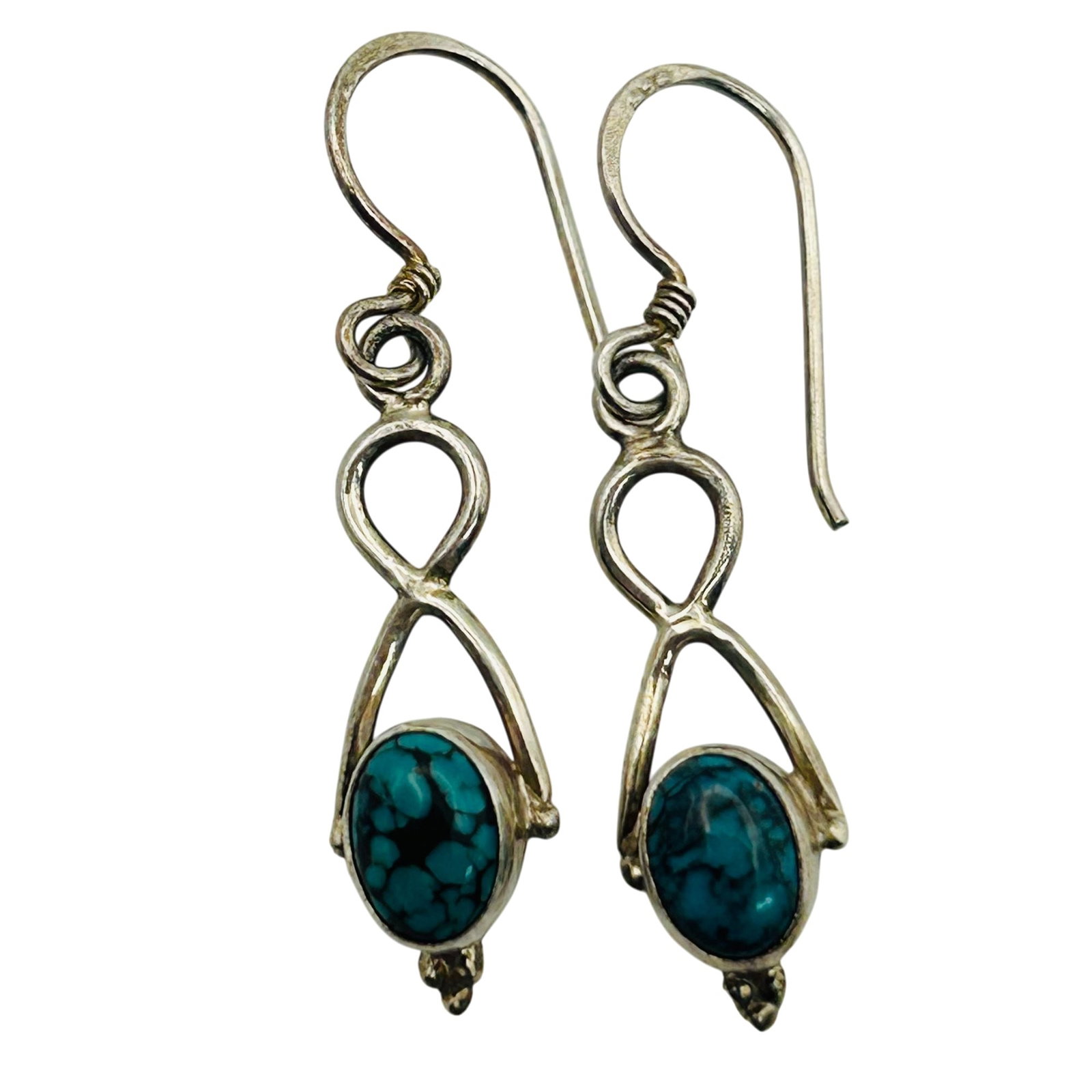 Sterling Turquoise Infinity Hook Back Earrings: Sterling Turquoise Infinity Hook Back Earrings. 2.0g