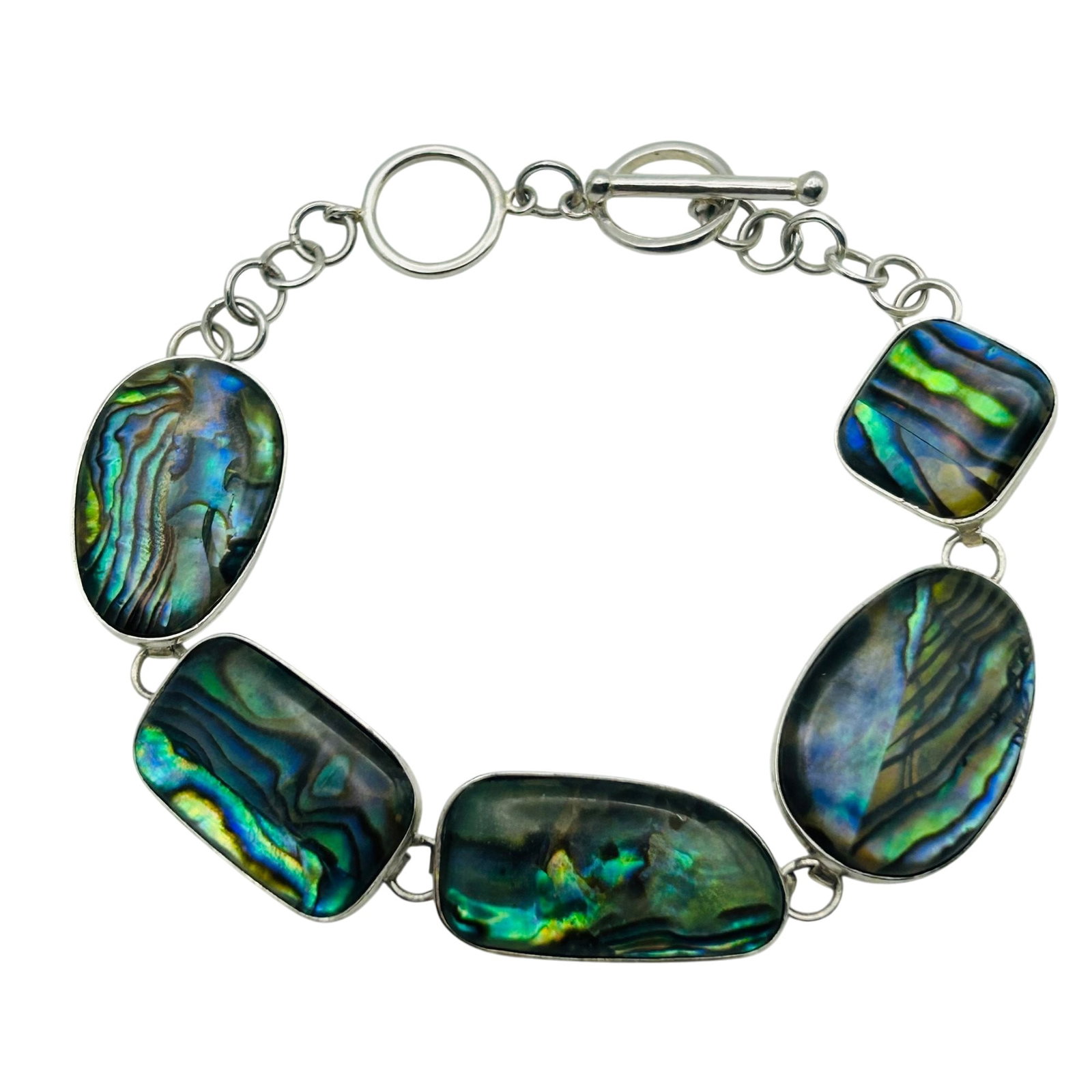 Signed Sterling Abalone Toggle Clasp Bracelet: Signed LUC Sterling Abalone Toggle Clasp Bracelet. 11.3g