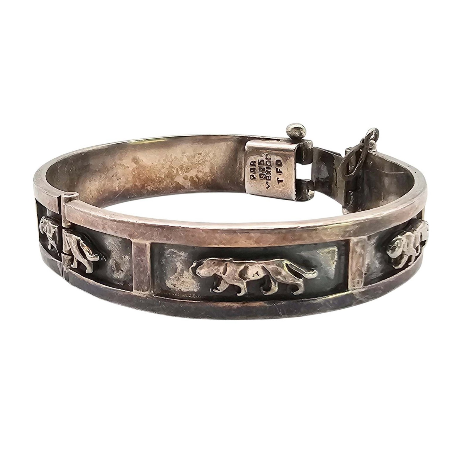 PAR Mexico TFO Sterling Silver Panther Big Cat Hinge Bangle Bracelet 56.4 G (1 of 5)