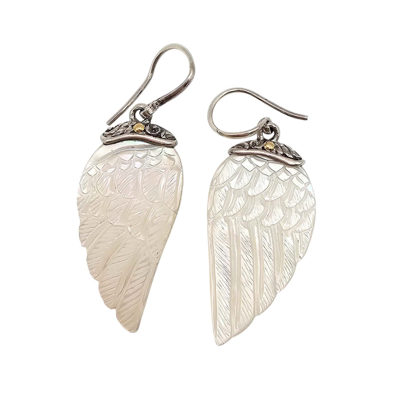 Signed 18K Gold Sterling Silver Wing Drop Dangle Earrings 5.2 G (1 of 4)