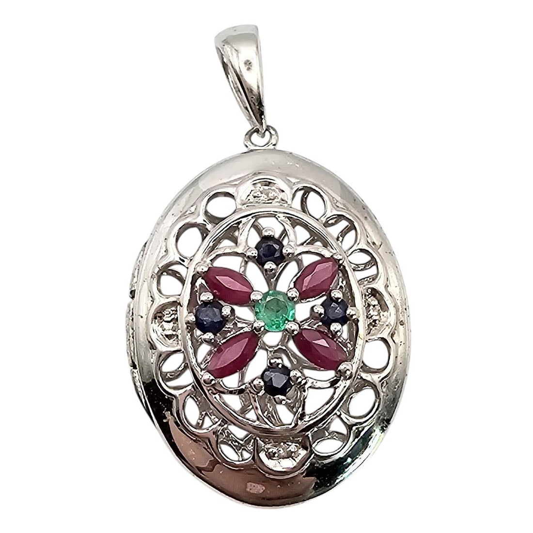 GRP Sterling Silver Ruby Sapphire Emerald Locket Pendant 3.5 G (1 of 4)
