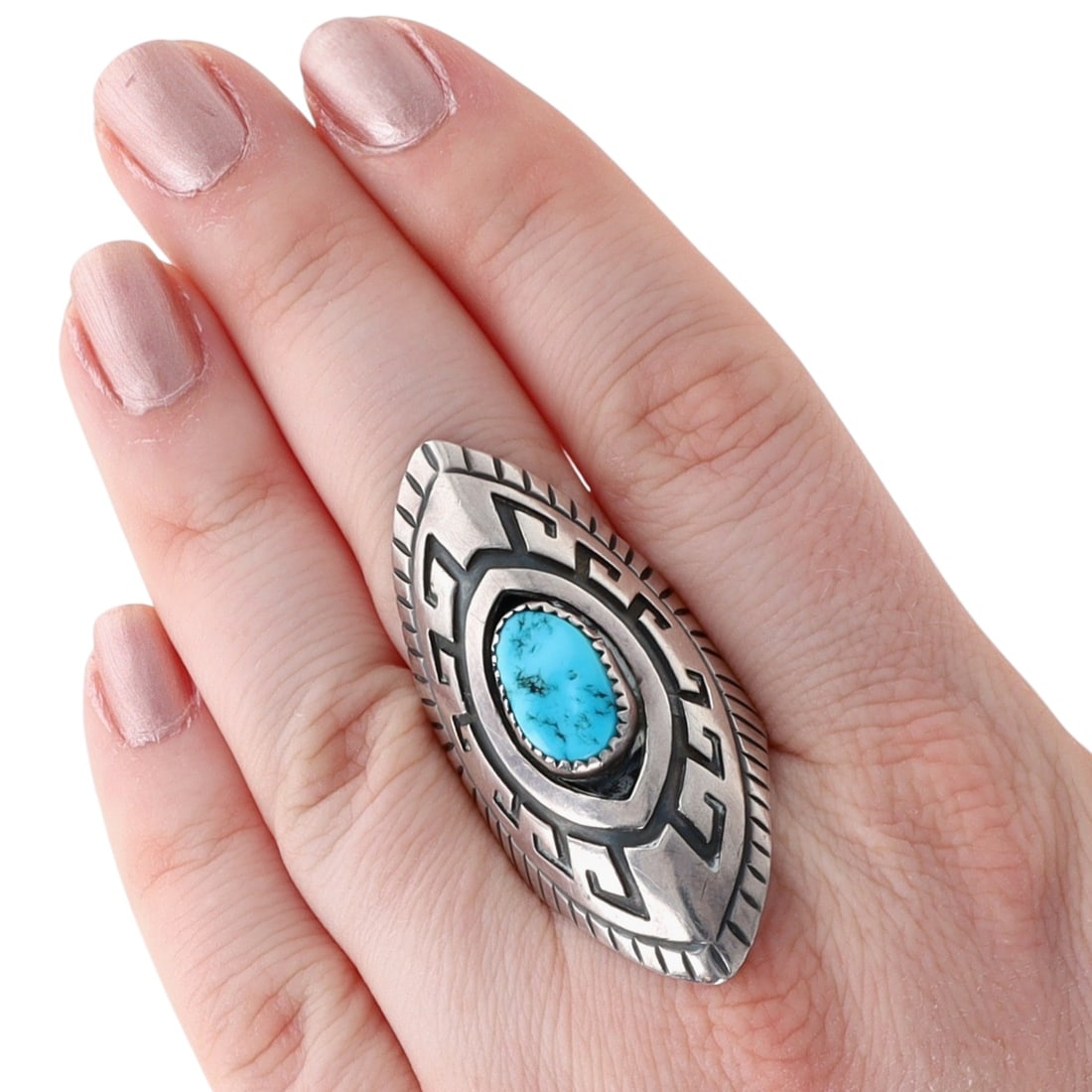 Hyson Craig IHMSS Navajo Sterling Turquoise Ring Sz 10.5: Amazing - Hyson Craig IHMSS (Indian Handmade Sterling Silver) Navajo Sterling Turquoise Shadowbox Ring Sz 10.5 / 16.9g