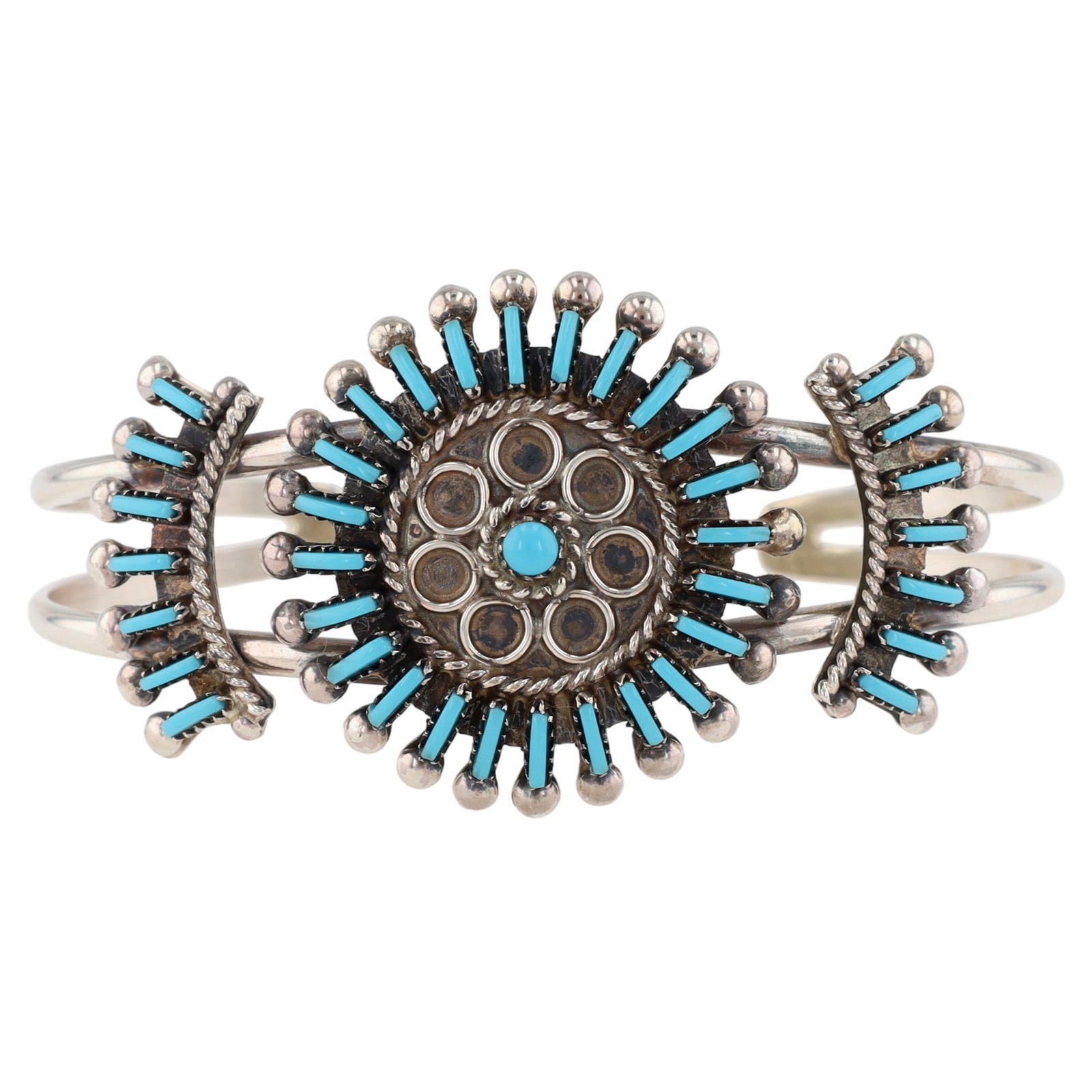 Philander Gia Zuni Sterling Turquoise Needlepoint Cuff Bracelet: Philander Gia Zuni Sterling Turquoise Needlepoint Cluster Cuff Bracelet / 15.3g / Approximate inner circumference, incl. gap: 6.25" / 1" gap.