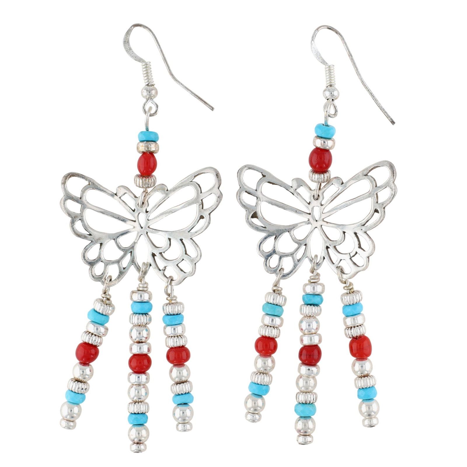 Pam Armstrong Navajo Sterling Butterfly Beaded Dangle Earrings: Pam Armstrong Navajo Sterling Handmade Butterfly Beaded Dangle Earrings / 12.4g / (unsigned, attributed based on earring card)