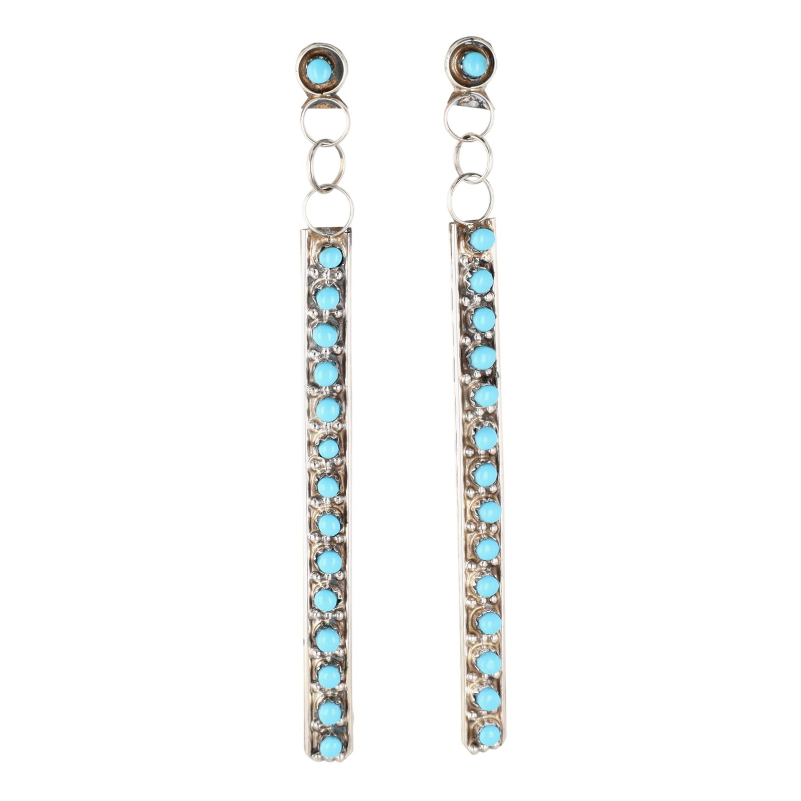 Joanne Cheama Zuni Sterling Turquoise Snake Eye Bar Earrings: Joanne Cheama Zuni Sterling Turquoise Snake Eye Bar Earrings / 8.4g / Approx. 4" long / Unsigned, attributed artist based on attached earring card