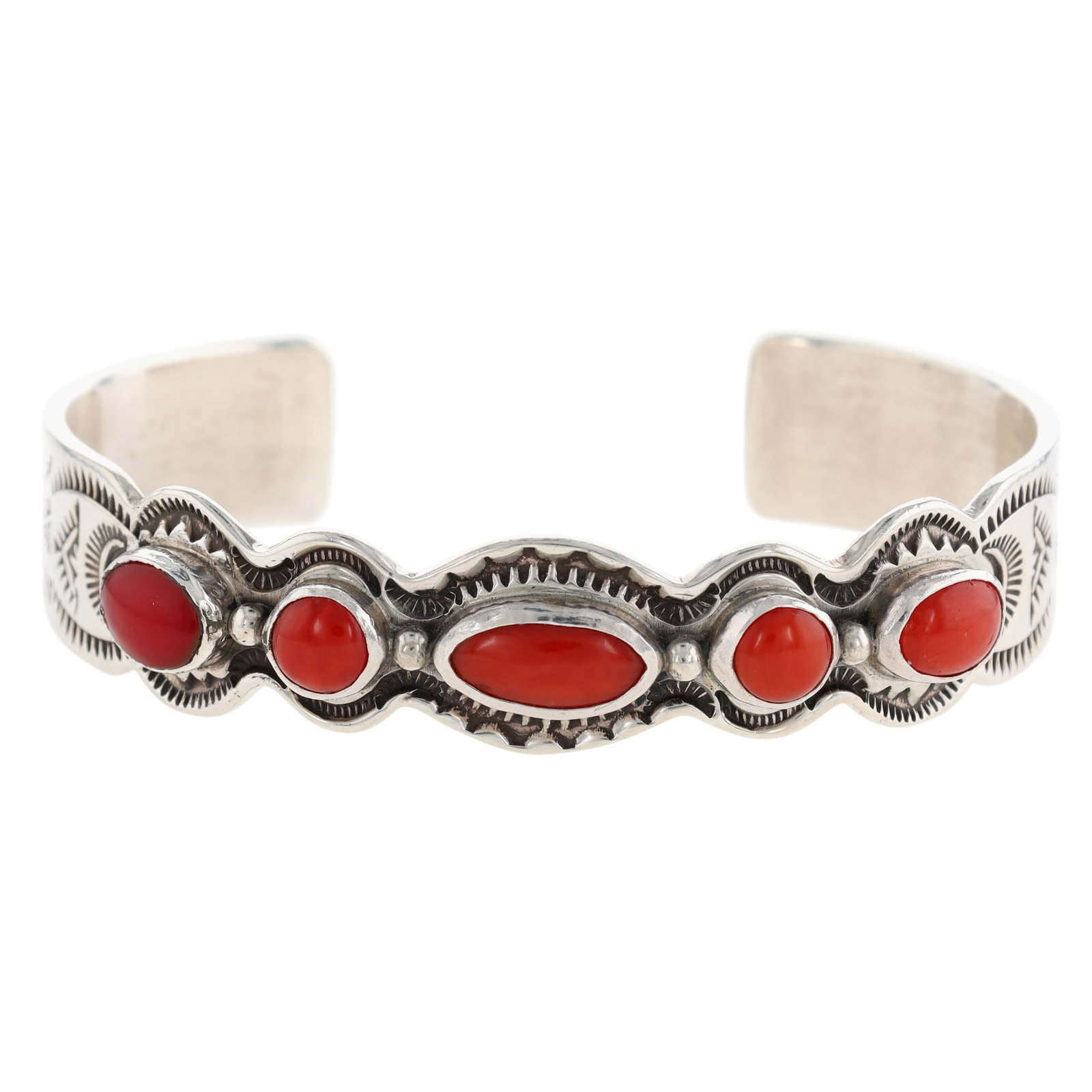 Happy Piasso Navajo Sterling Coral Stamped Cuff Bracelet: Happy Piasso Navajo Sterling Coral Stamped Cuff Bracelet / 30.8g / Approximate inner circumference, incl. gap: 6.75" / Gap: 1"
