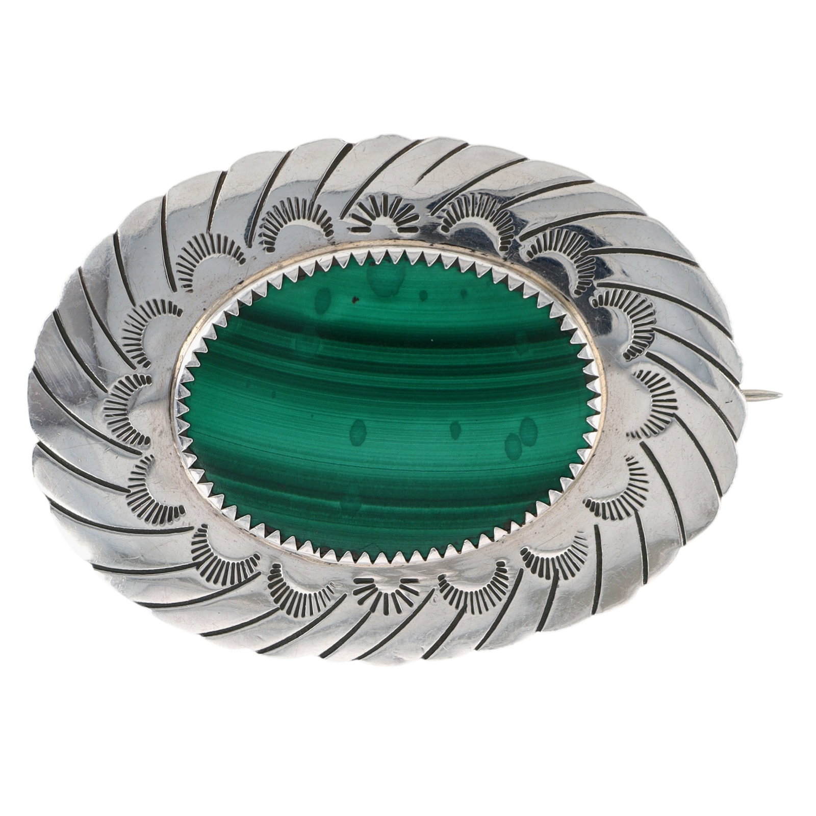 Vintage Navajo Sterling Malachite Stamped Brooch: Vintage Navajo Sterling Malachite Stamped Brooch / 15.1g / Approx. 1.5"l x 2"w