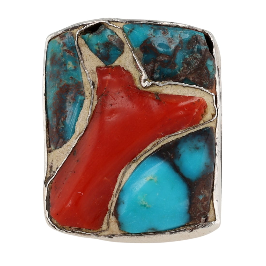 Vintage Navajo Sterling Turquoise and Coral Ring Sz 9: Vintage Navajo Sterling Turquoise and Coral Ring Sz 9 / 28.7g / Some inlay stone loss present, as is.