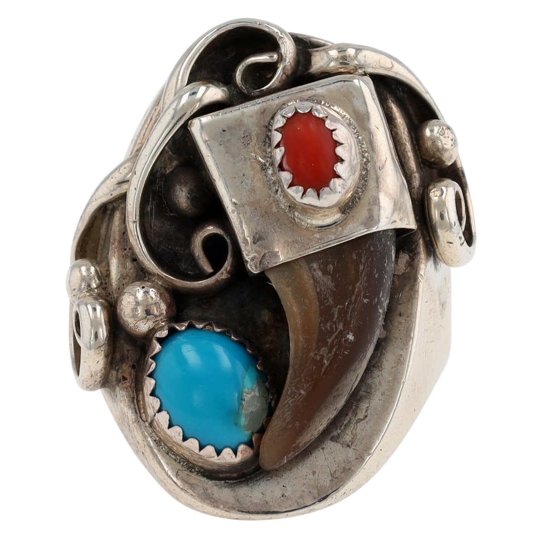 Vintage Navajo Sterling Turquoise Coral Claw Ring Sz 8.5 (1 of 5)