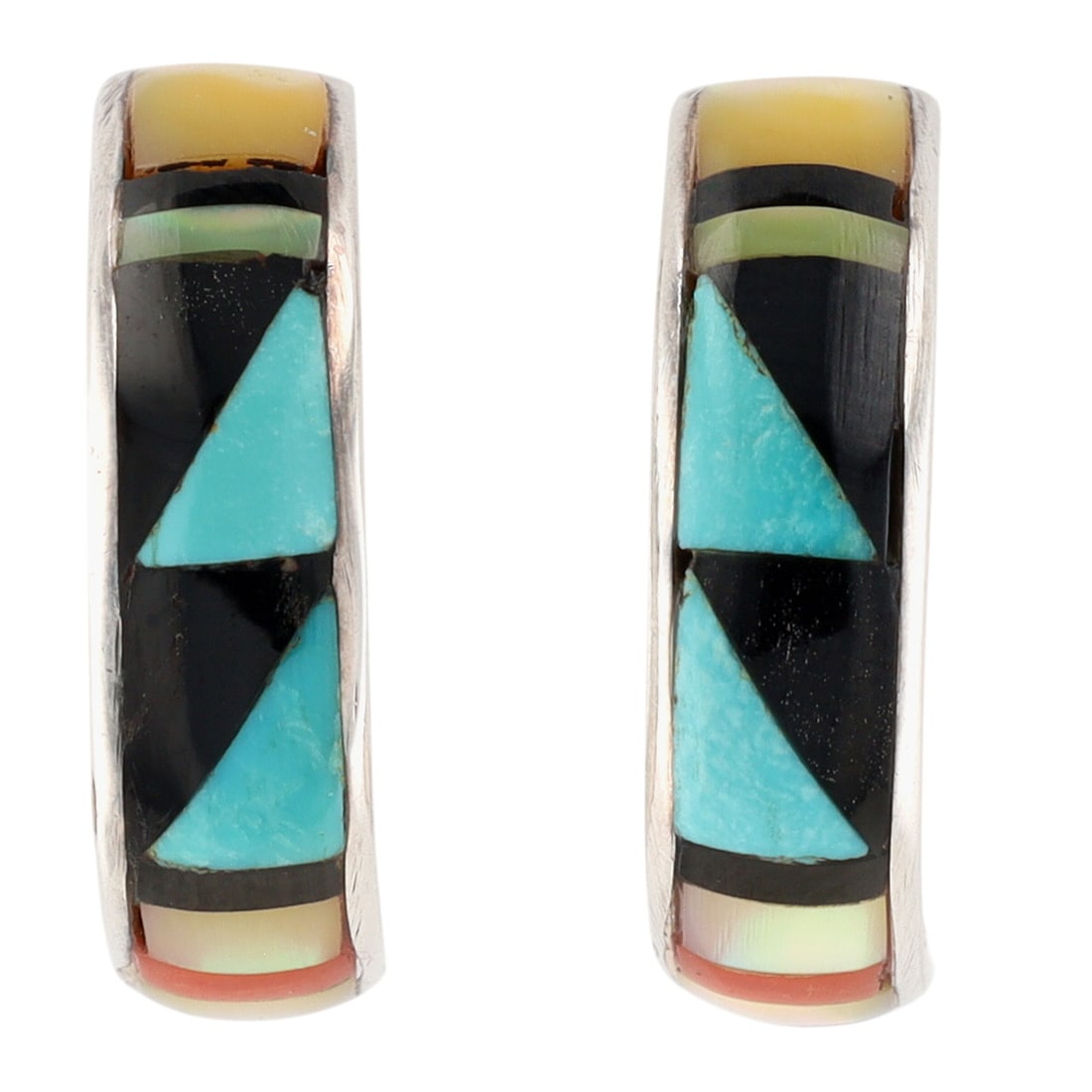 Delberta Boone Zuni Sterling Multi-Stone Inlay Earrings: Delberta Boone Zuni Sterling Multi-Stone Inlay Hoop Earrings | Weight: 3.4g | Turquoise, Coral, Jet, Mother of Pearl