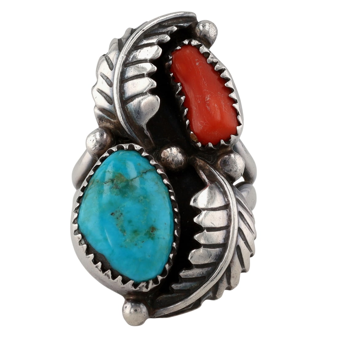 Vintage Navajo Sterling Turquoise Coral Ring Sz 6 (1 of 7)